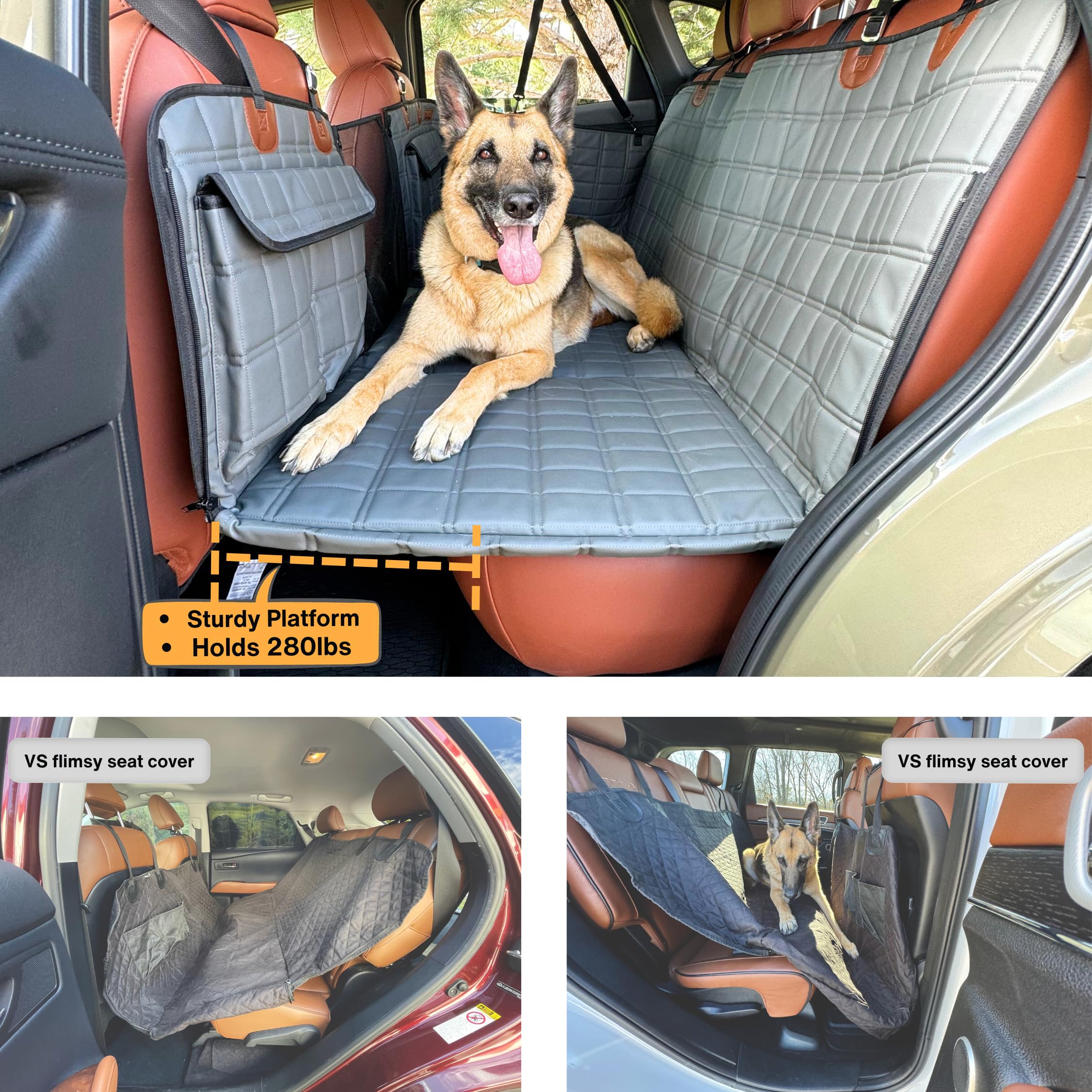 APetsPlanet Dog Car Seat Cover - Waterproof Hammock Bed, 53"x23", Gray Leather, Model APetsPlanet-2.0, with Mesh Window & Door Covers