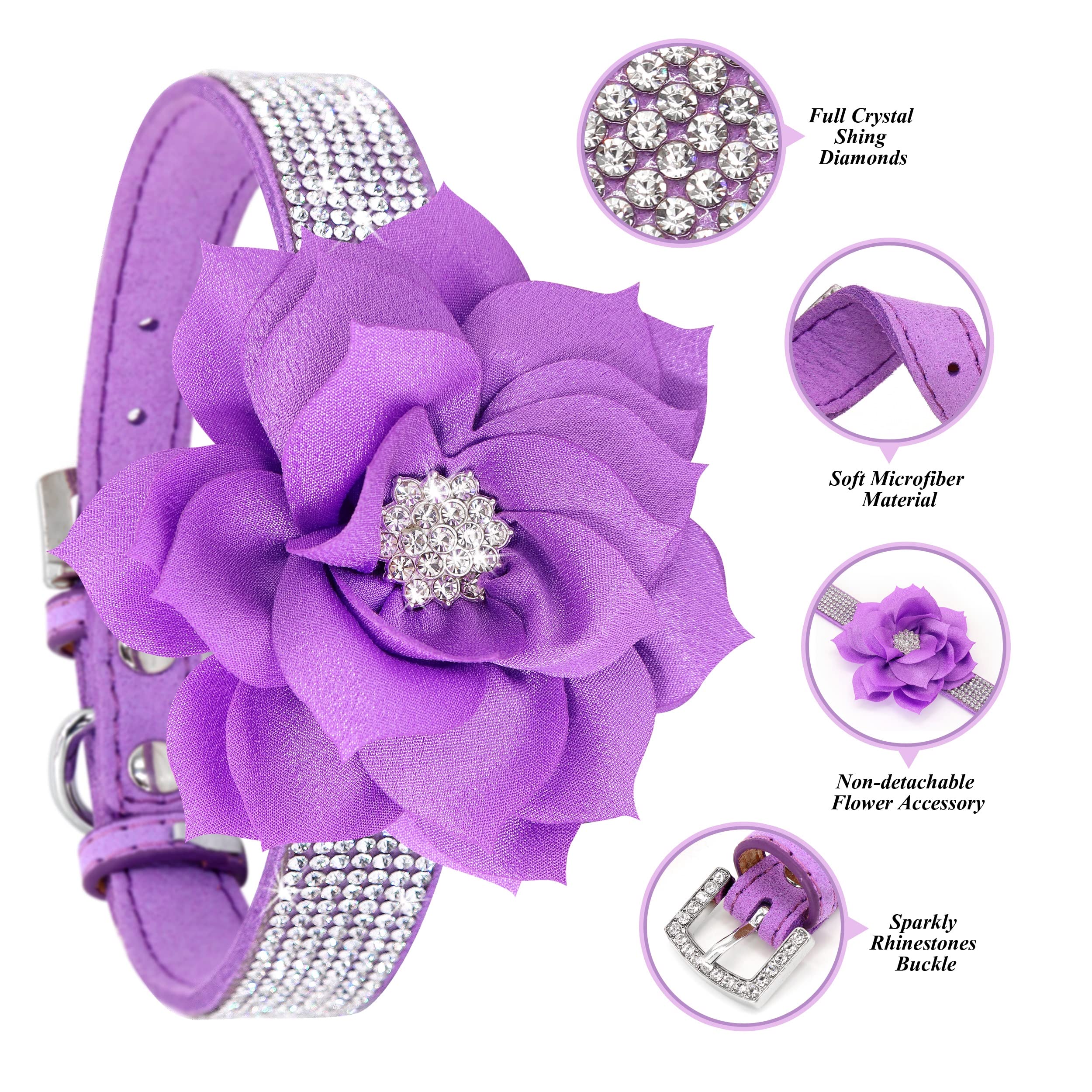 Pet Artist Cute Girl Rhinestone Suede Dog Collars For Small Dogs Cats,Soft Flower Dog Collar,Bling Dog Collars For Small Puppy Dogs Purple Collar, M:Neck 12-14.5'(31-37Cm)
