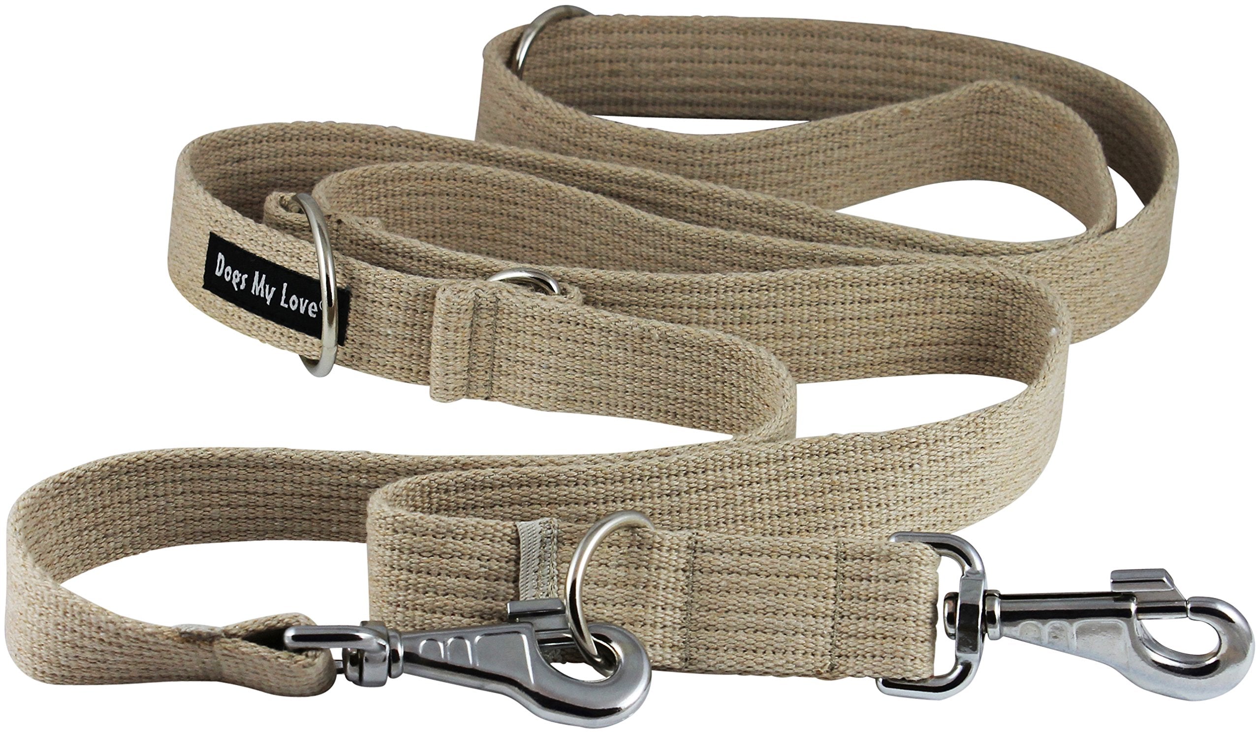 Dogs My Love 1.25 Wide Cotton Web 6-Way European Multi-Functional Dog Leash, Adjustable Lead 45-78 Long, Xlarge (Beige)