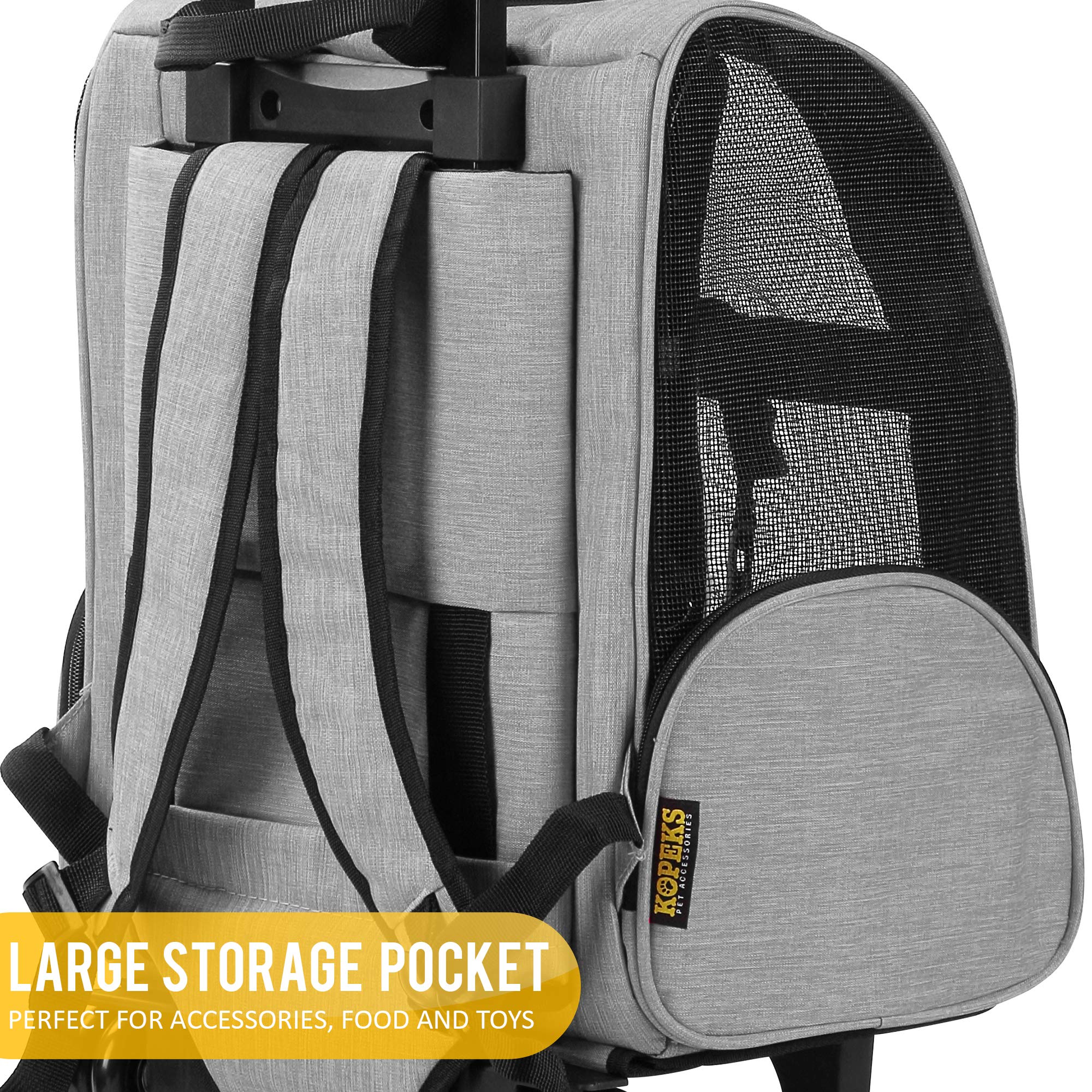 KOPEKS Deluxe Backpack Pet Travel Carrier - Double Wheels, Grey, 13"L x 12"W x 20"H, Model KPS-1103, Airline Approved
