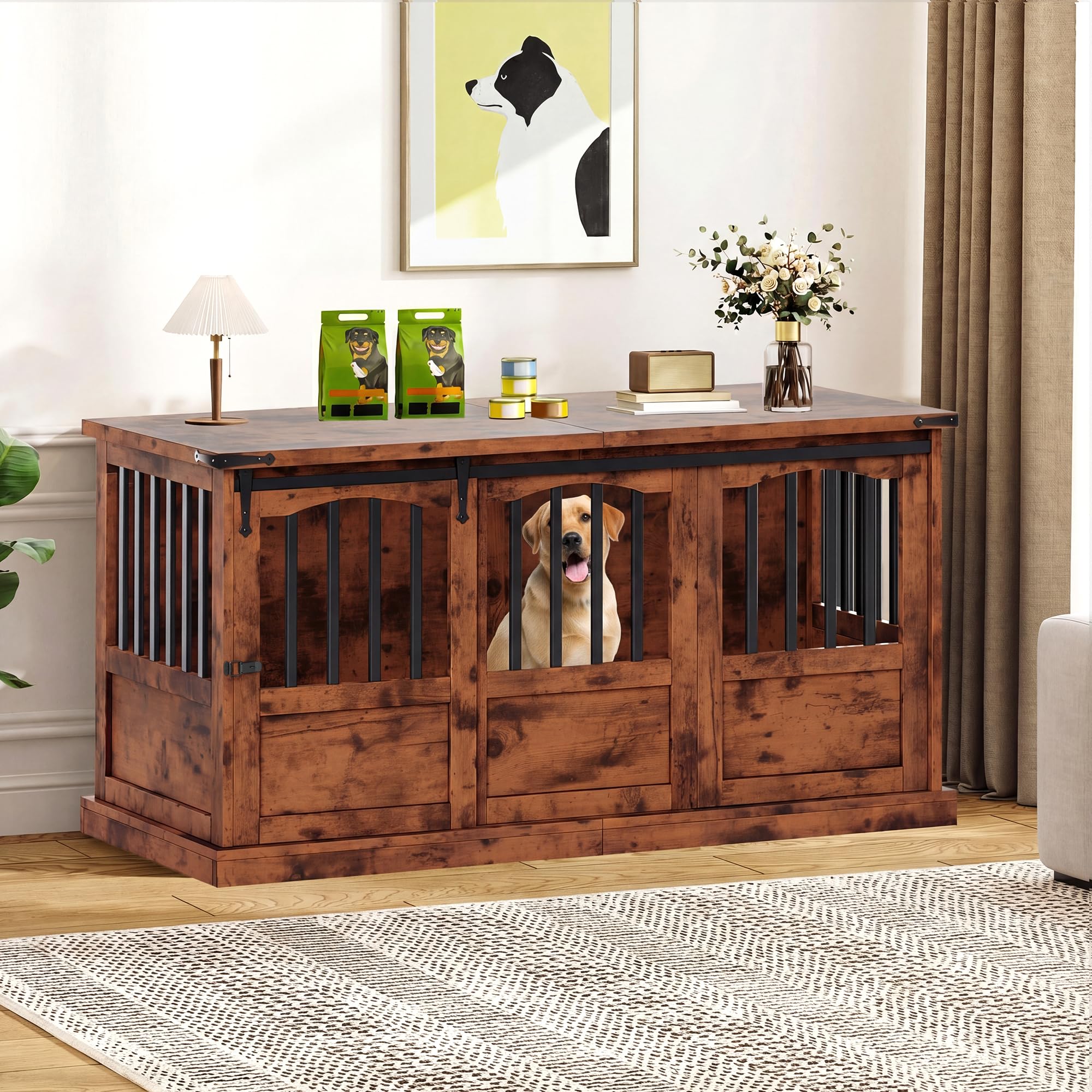 Homiflex 53 Inch Wooden Dog Crate Furniture Heavy Duty Dog Kennel Furniture with Sliding Doors for Large Breed Decorative Solid 