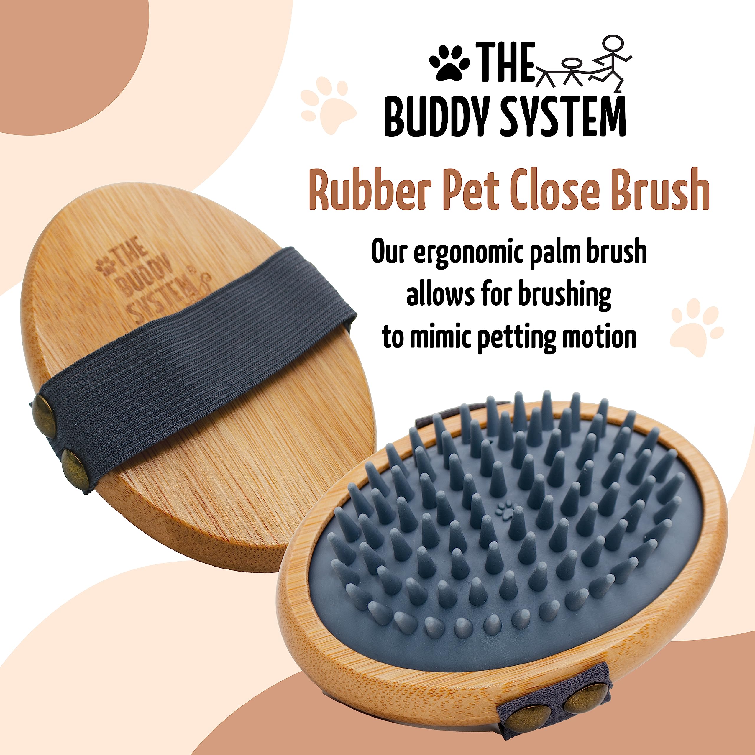 The Buddy System Rubber Pet Close Brush, Soft Touch Oval Palm Brush - Bamboo Massage Handheld With Rubber Bristles And Elastic B