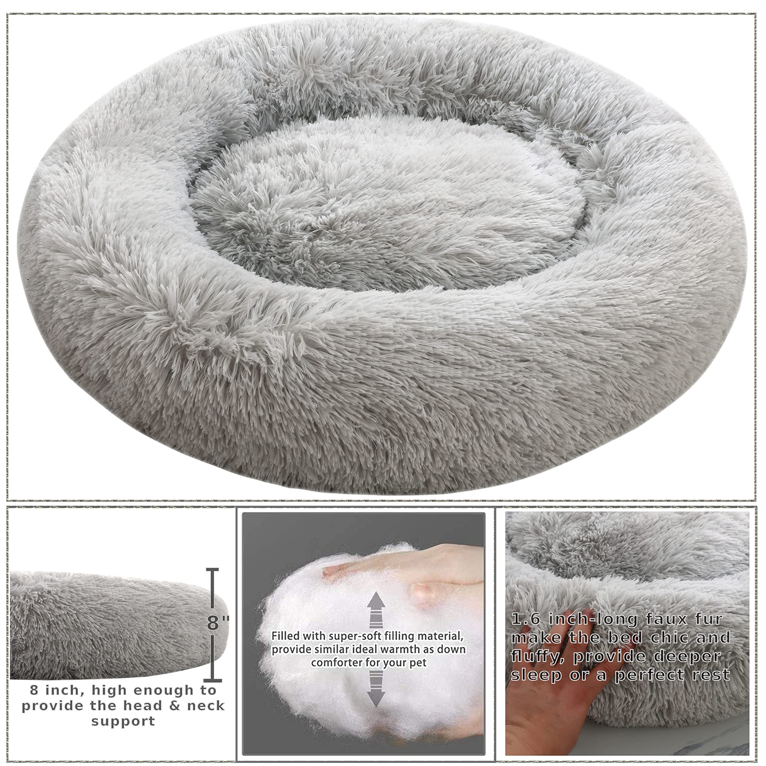 Comlax Calming Donut Dog Beds, 28 Inches Round Cushion With Removable Washable Cover, Anti-Anxiety Faux Fur Cuddler, Fluffy Comf