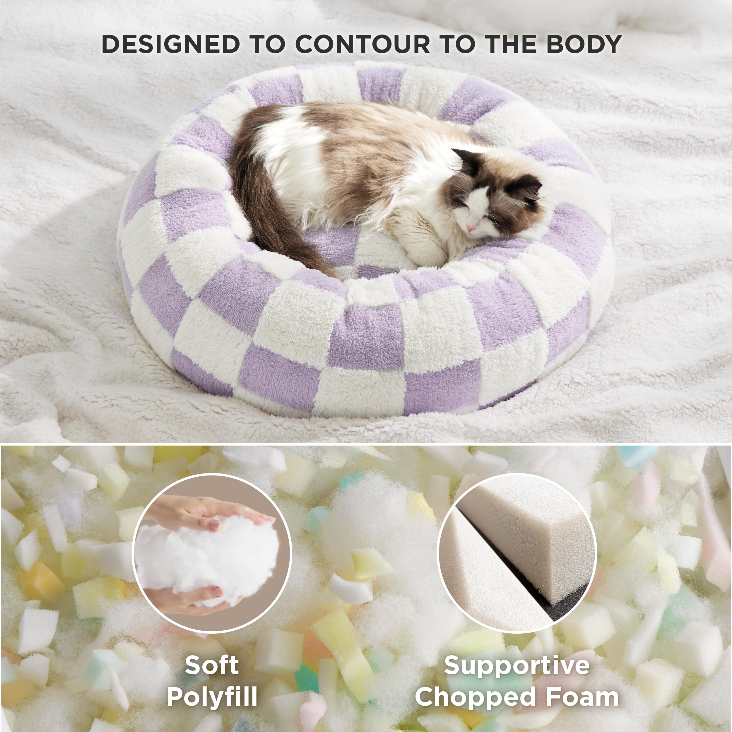 LE SURE Cat Bed - Round Donut Dog Bed, 20" Purple, Calming Plush, Anti-Slip, Lavender Checks, Model US-IMCDonutBed