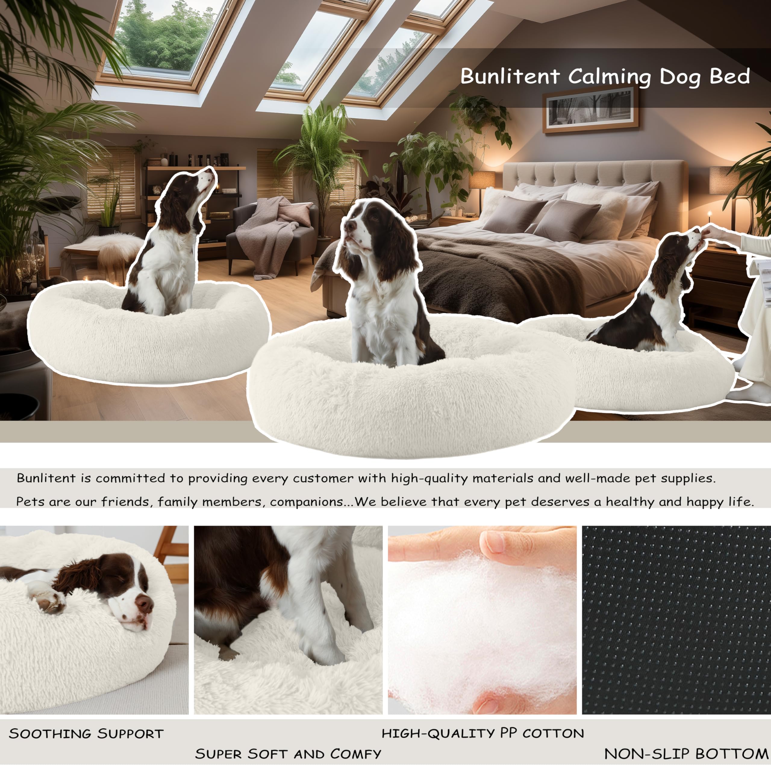 Bunlitent 39'' Inch Calming Dog Bed, Anti-Anxiety Donut Bed For Medium Large Dogs, Warming Cozy Soft Cute Round Washable, Marshm