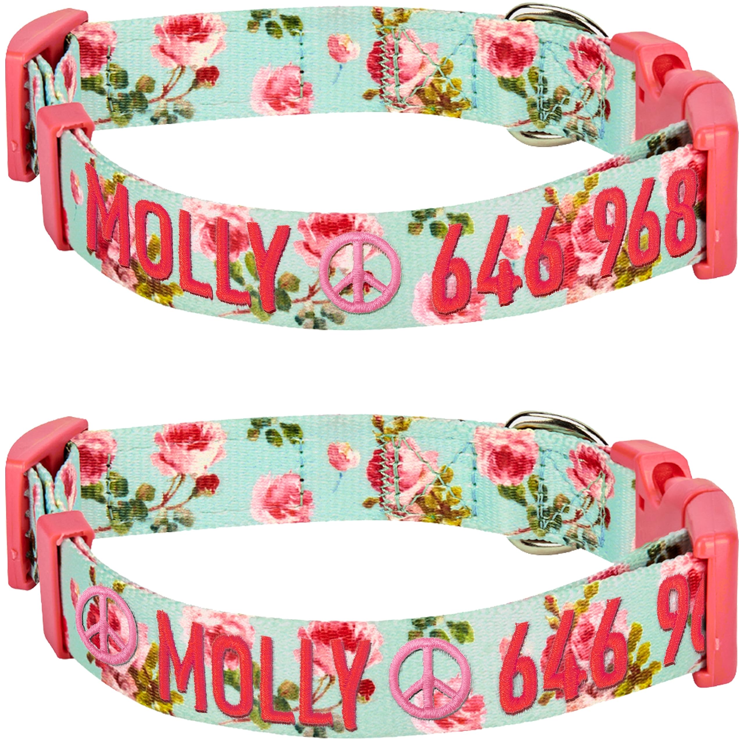 Blueberry Pet 8 Patterns Personalized Customized Adjustable Id Dog Collar, Spring Scent Rose Floral, Turquoise, Medium, Embroide