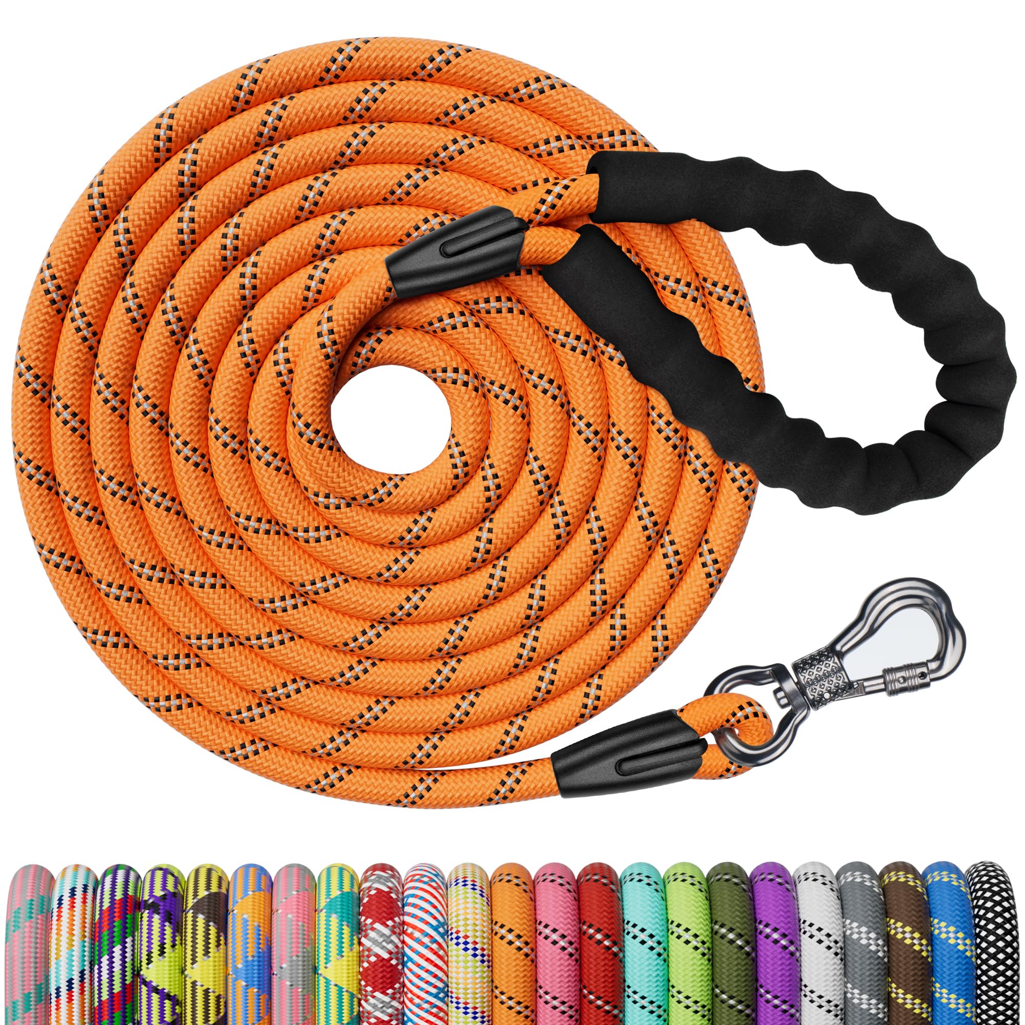 NTR Heavy Duty 30FT Reflective Dog Leash with Padded Handle, Orange, for Small to Large Dogs