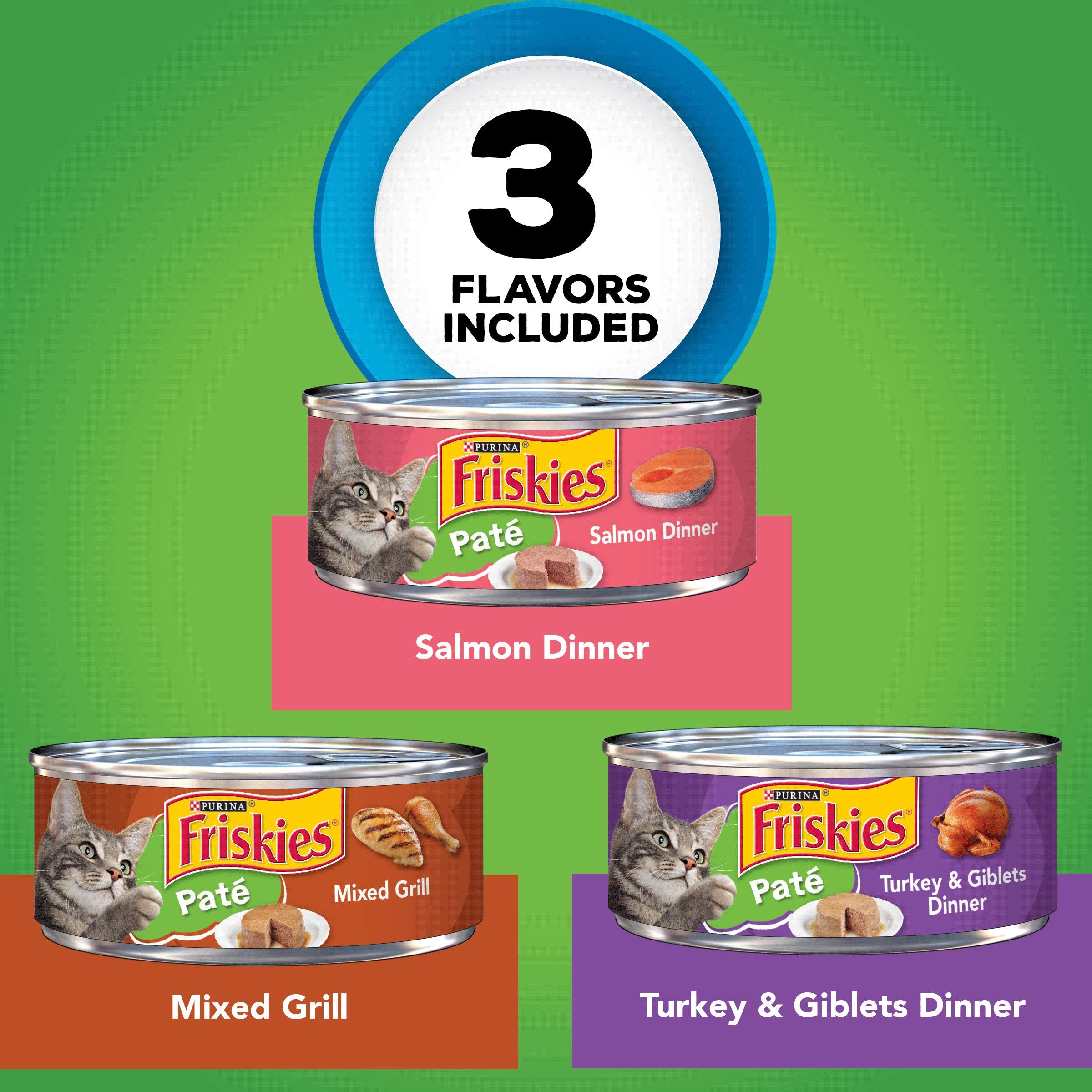 Purina Friskies Wet Cat Food Pate Variety Pack Salmon Dinner, Turkey and Giblets Dinner and Mixed Grill - (2 Packs of 12) 5.5 oz