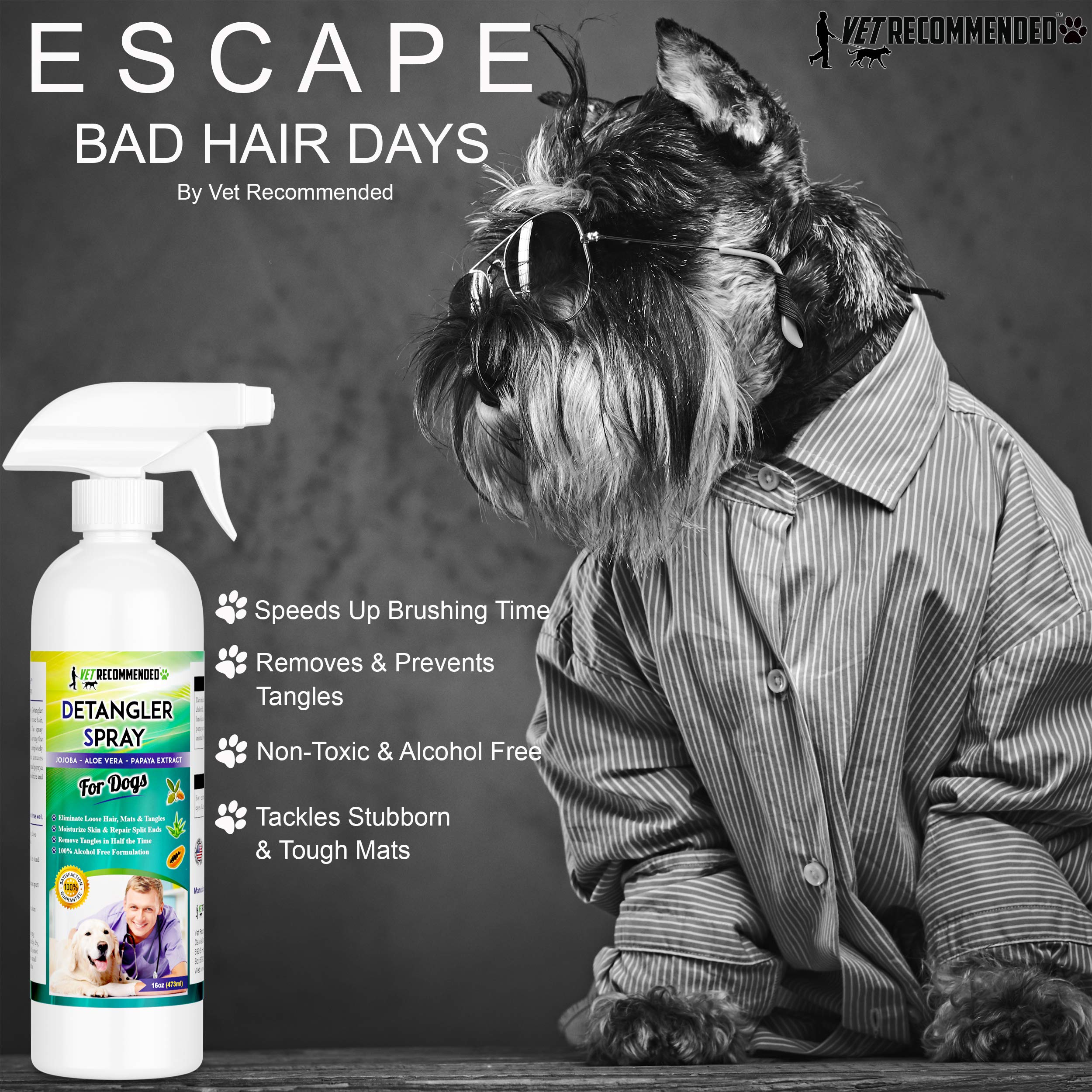 Vet Recommended Dog Detangler Spray & Conditioner – Made From Fresh Natural Extracts Of Papaya, Jojoba & Aloe Vera | Eliminate Loose Hair, Remove Matts And Rejuvenate Coat | Made In Usa | 16 Oz