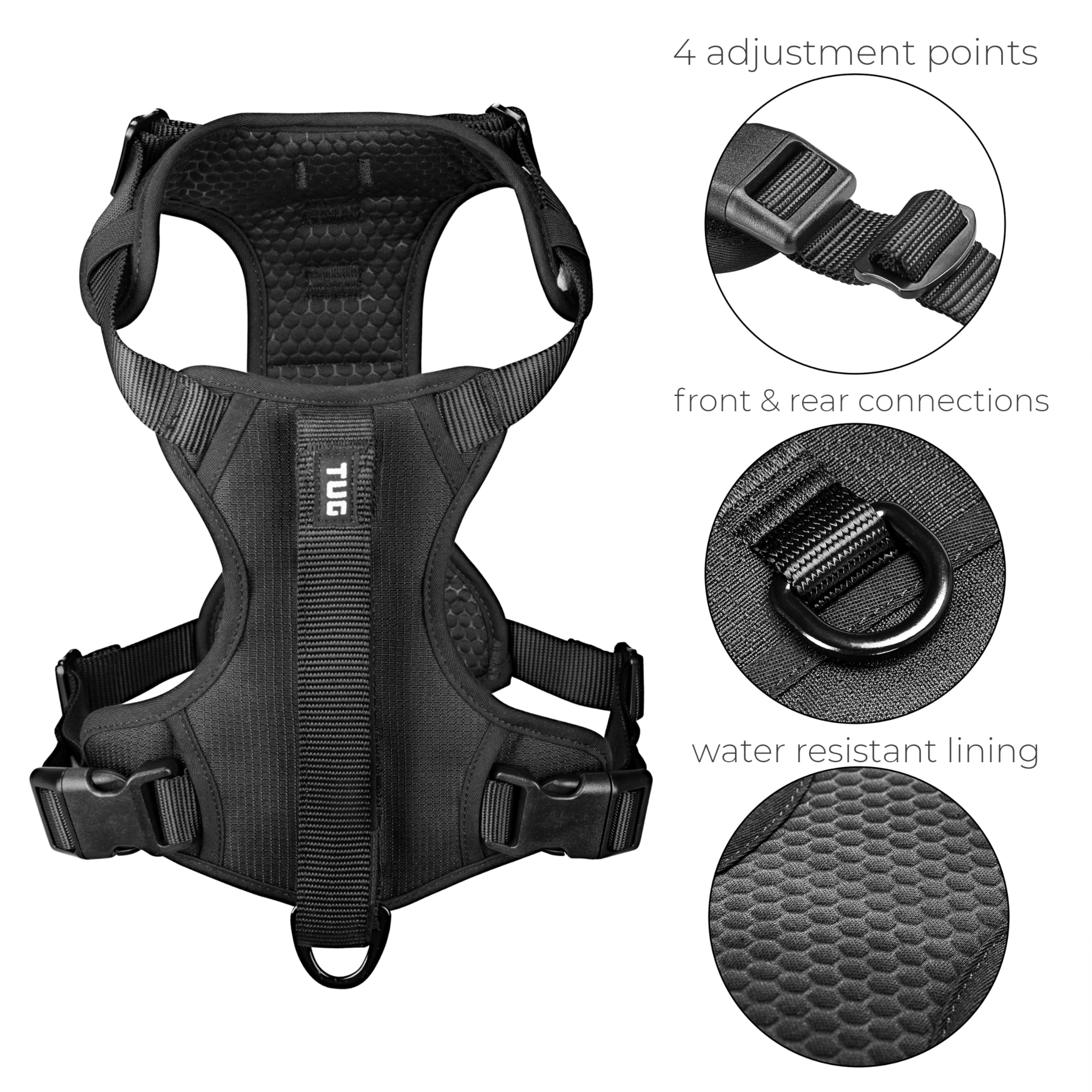 TUG Dog Harness with Integrated Traffic Leash, Medium, Black - Quick Control and Comfort