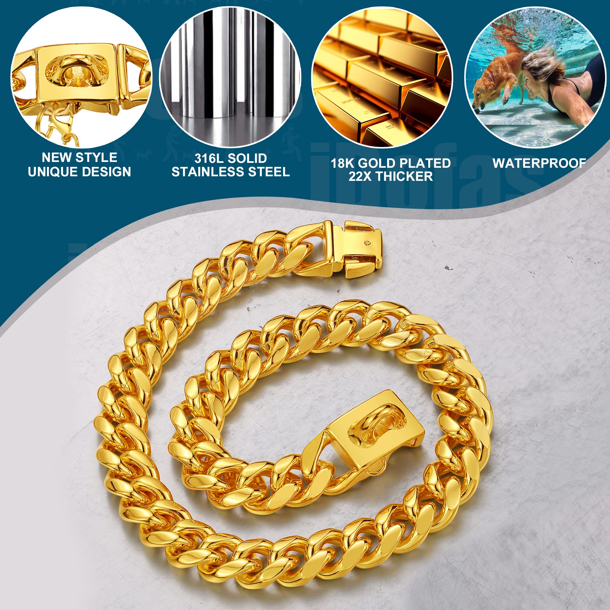 Idofas Dog Chain Collars Cuban Link Dog Collar Design Buckle With Bell & Dog Tag Stainless Steel Metal 10Mm Gold Silver Dog Coll
