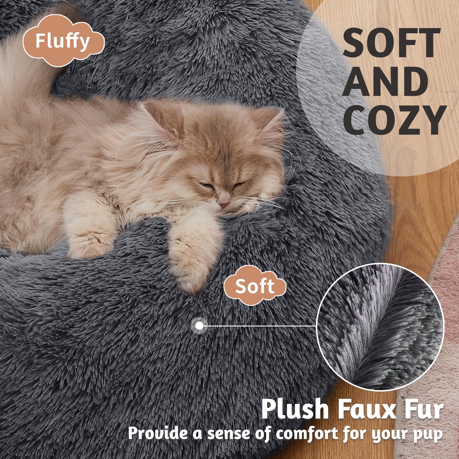 Ohgeni Calming Donut Cat Bed Pillow For Small Pets, Machine Washable Removable Cover, Comfort Plush Fluffy Faux Fur With Anti-Slip Bottom, Dogs-Friendly Round Cuddly Design, Gray, 20 Inches