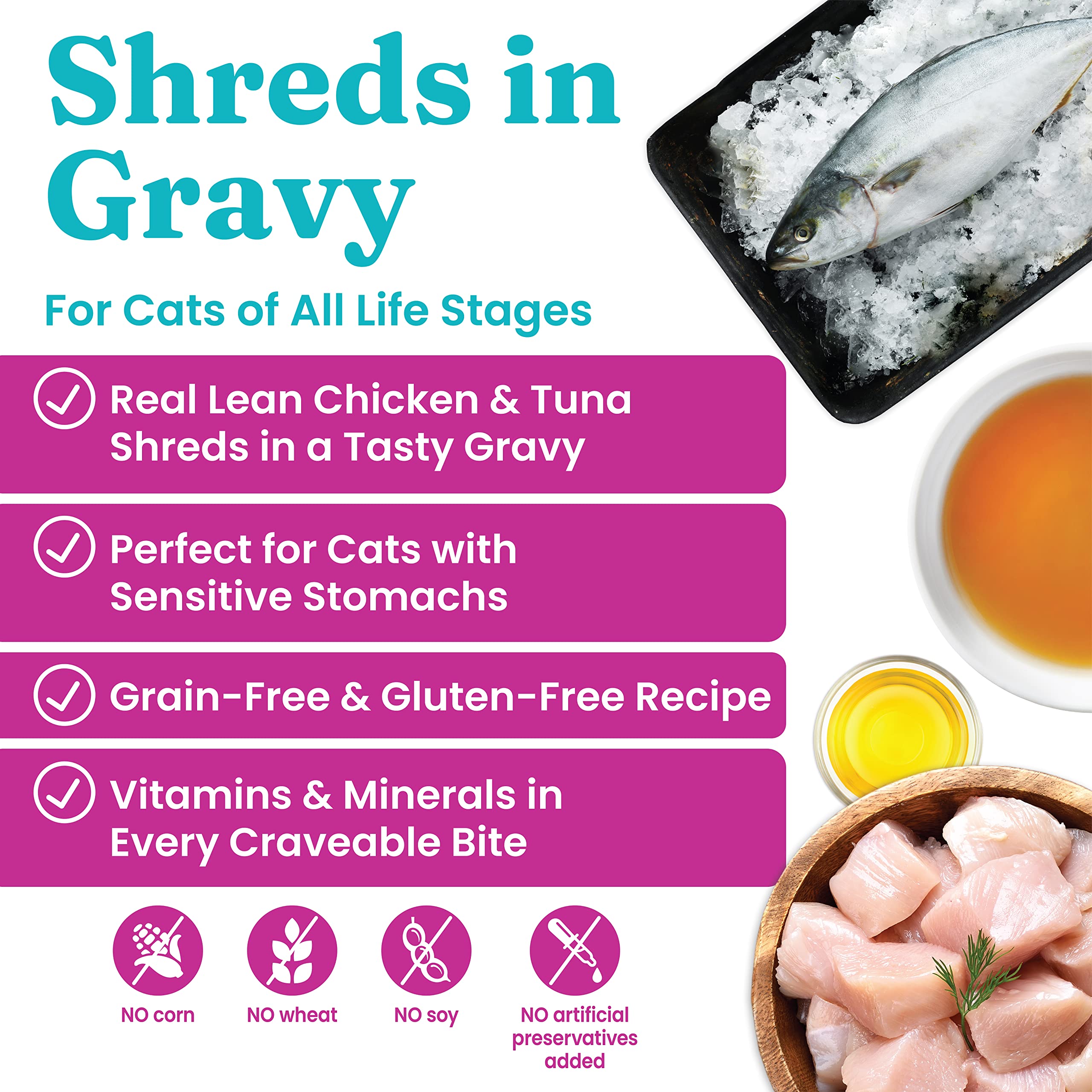 Solid Gold Natures Harmony Wet Cat Food - Chicken & Tuna Shreds in Gravy - Canned Cat Food, 24 Pack