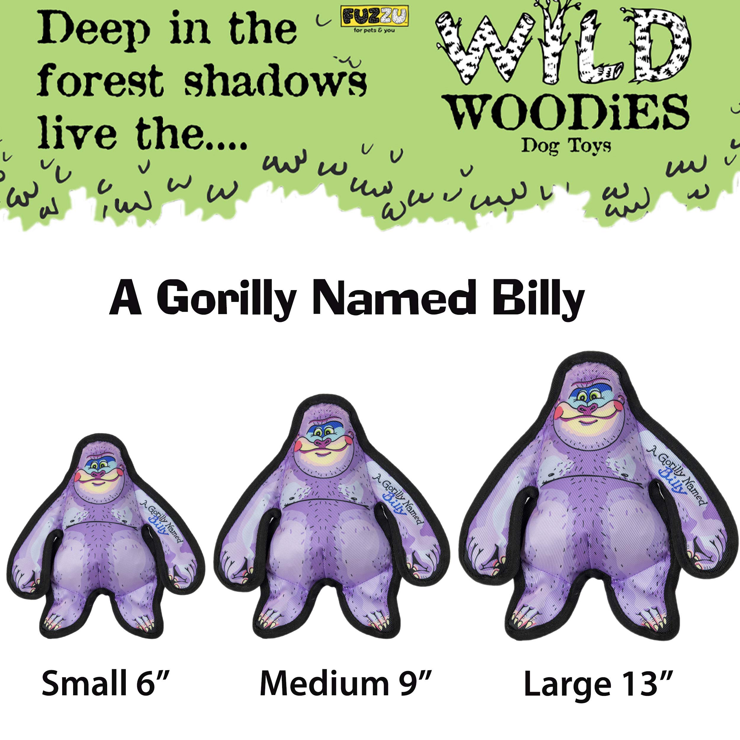 FUZZU Durable Dog Toy - Medium Squeaker Chew Toy, Purple Polyester, Wild Woodies - A Gorilly Named Billy 9"