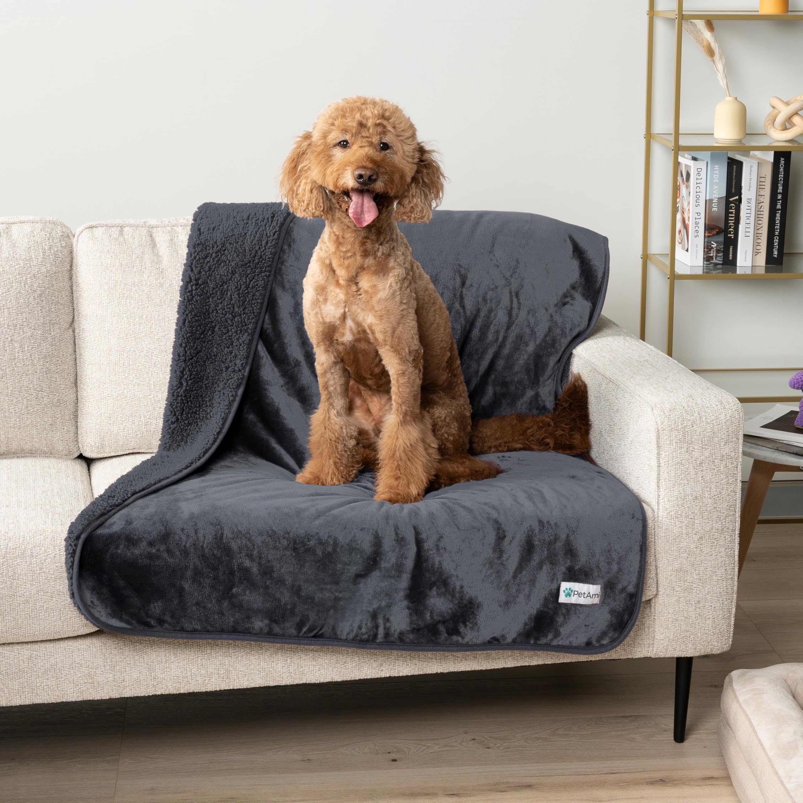 Petami Waterproof Dog Blanket For Extra Large Dogs, Pee Proof Pet Blanket For Bed Couch, Reversible Water Proof Blanket For Puppy Indoor Cat, Soft Dog Crate Cover Washable, Queen 90X90 Gray