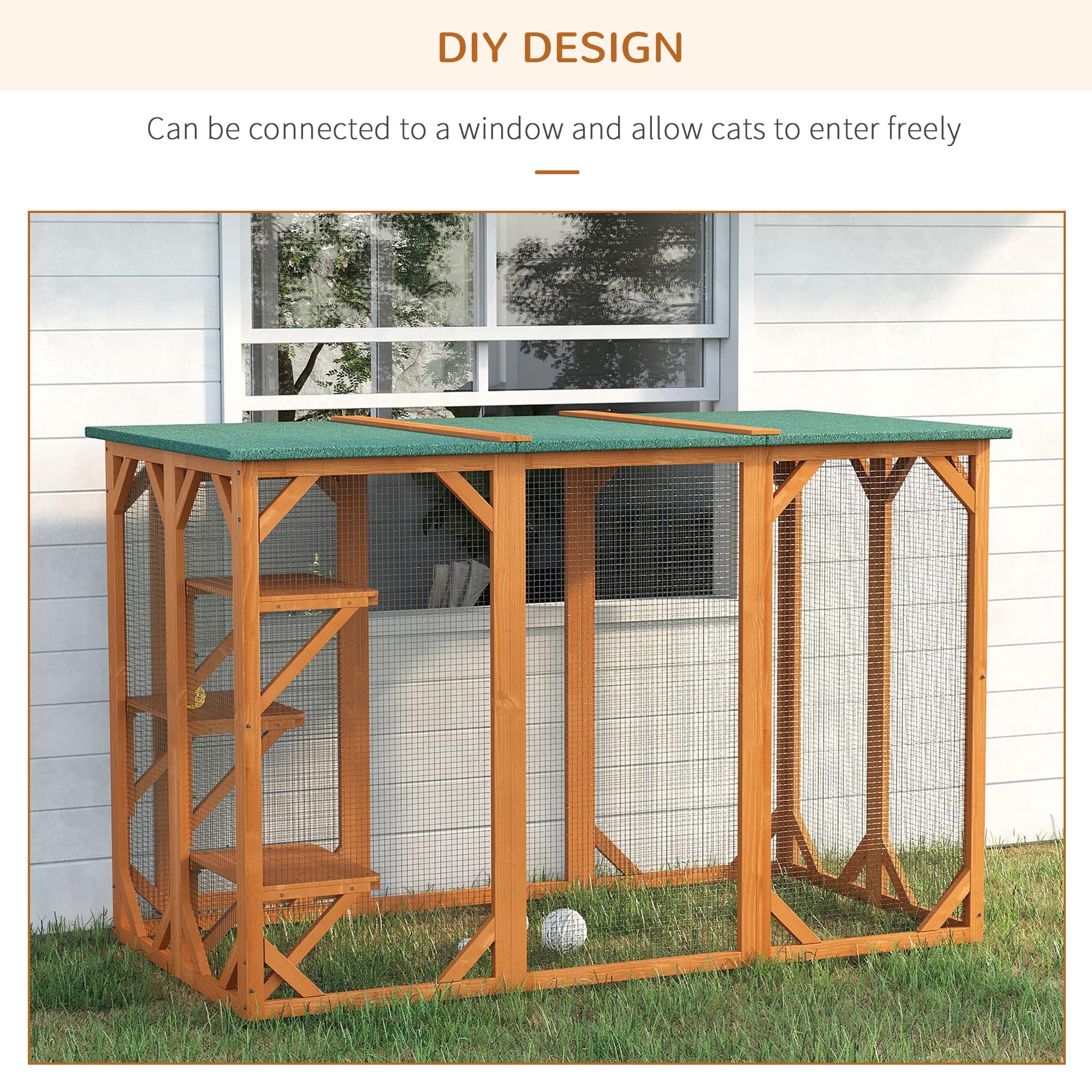Pawhut Outdoor Cat House, Catio Wooden Feral Cat Shelter, Cat Cage With Platforms, Large Enter Door, Weather Protection Asphalt Roof, 71' L, Orange