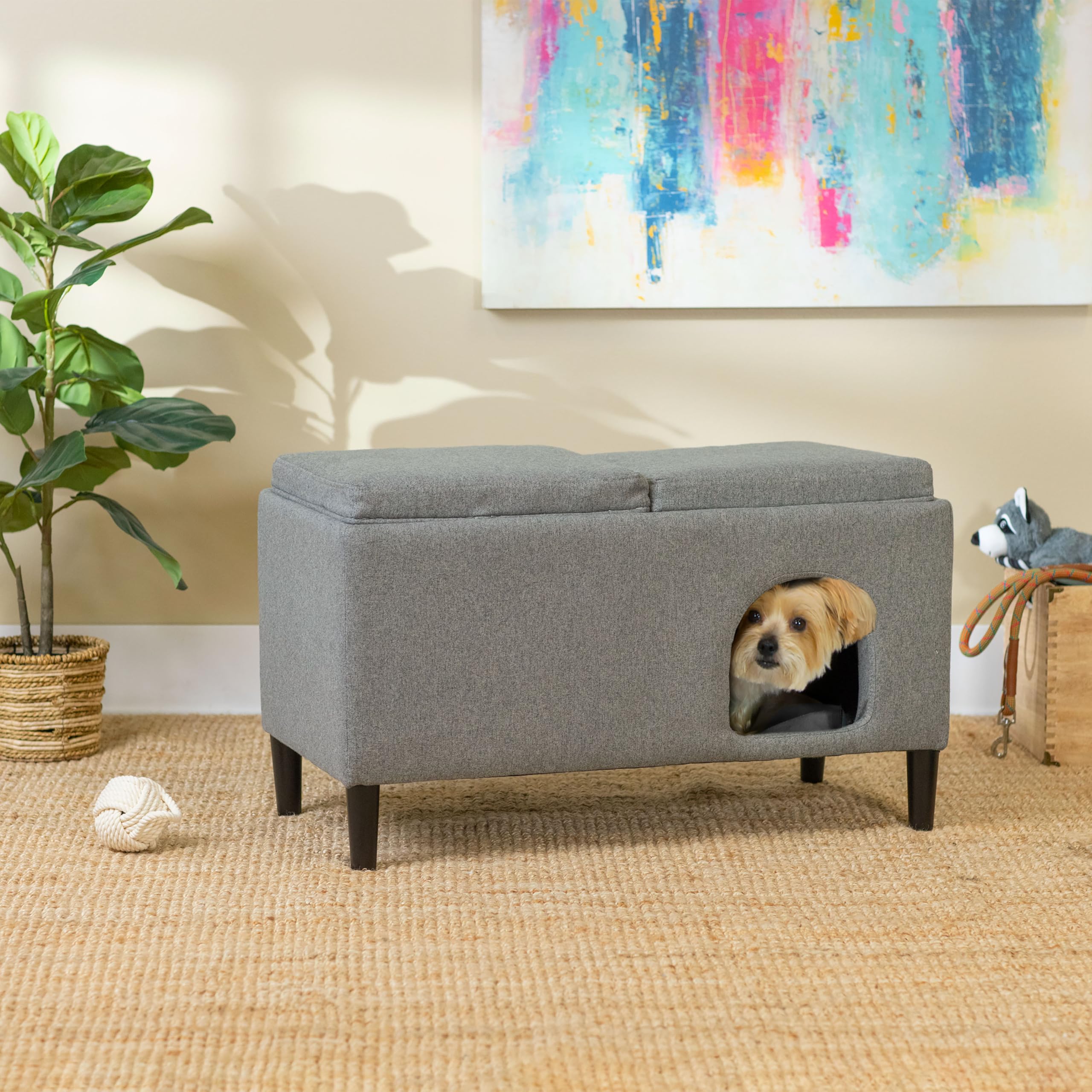 Paws & Purrs Modern Dual-Purpose Ottoman & Multi-Cat Bed, Large, Gray, Model 61210, Stylish 2-in-1 Footstool with Hidden Storage