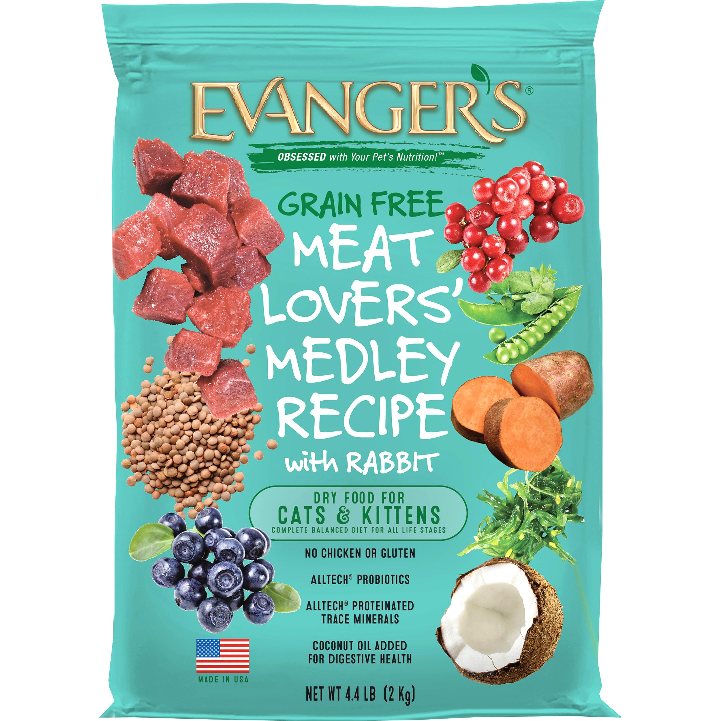 Evangers Grain-Free Meat Lovers Medley with Rabbit Dry Cat Food, 4.4 lb Bag