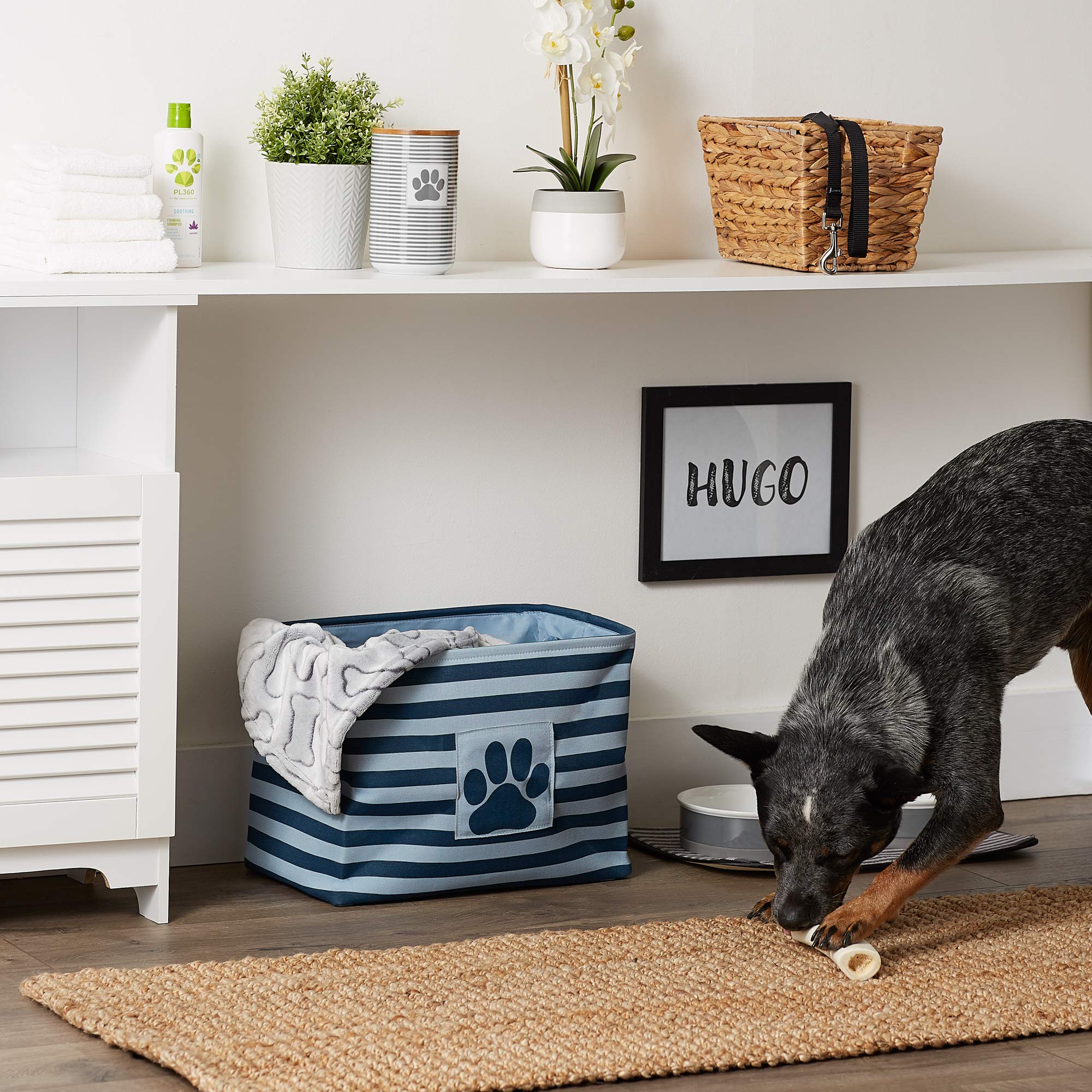 Bone Dry Polyester Pet Bin Stripe With Paw Patch Dark Navy Rectangle Medium