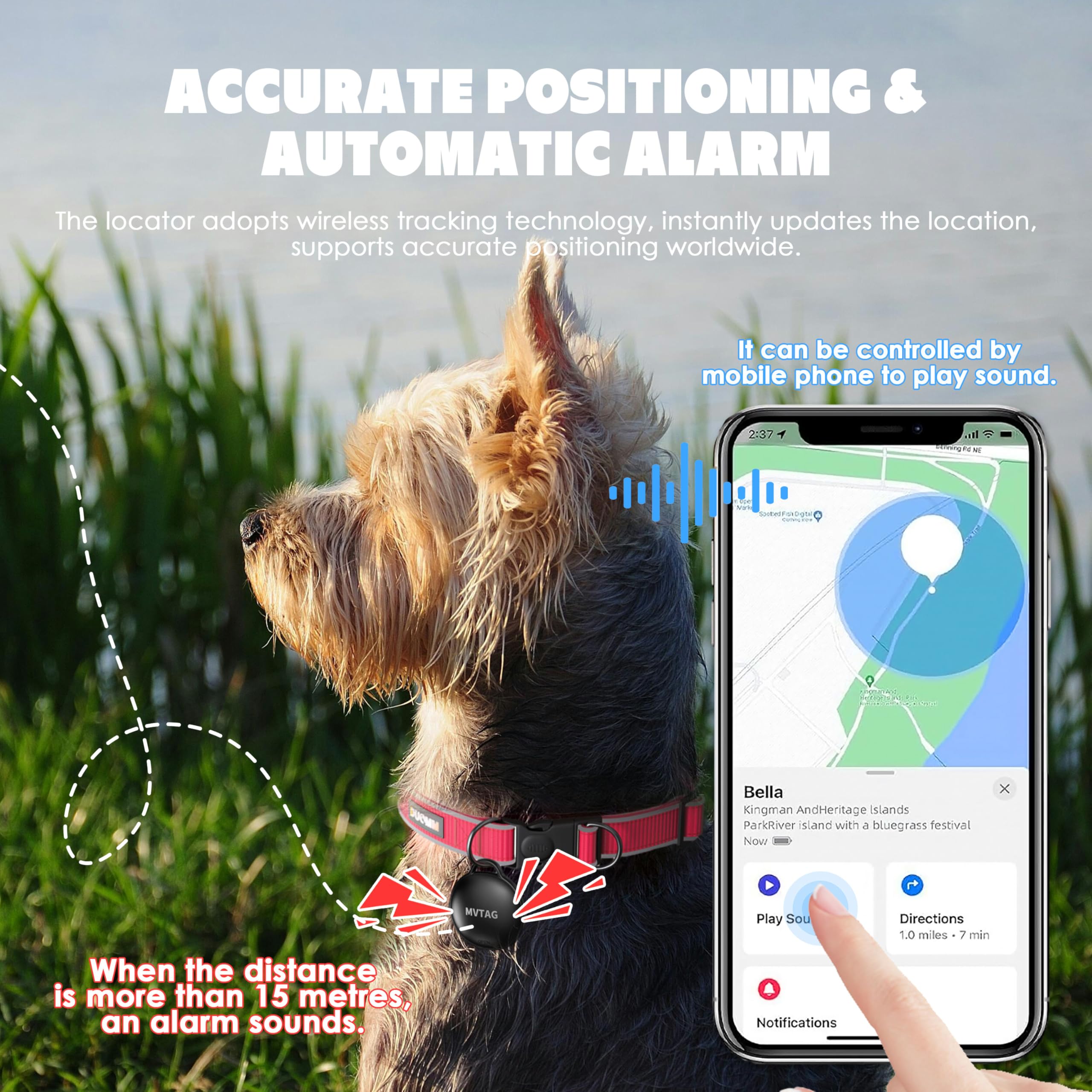 Aoikoy Dog Tracker GPS Collar - Reflective, Waterproof, Real-Time Tracking for Small to Large Dogs, Black, 30-39CM, No Monthly Fee