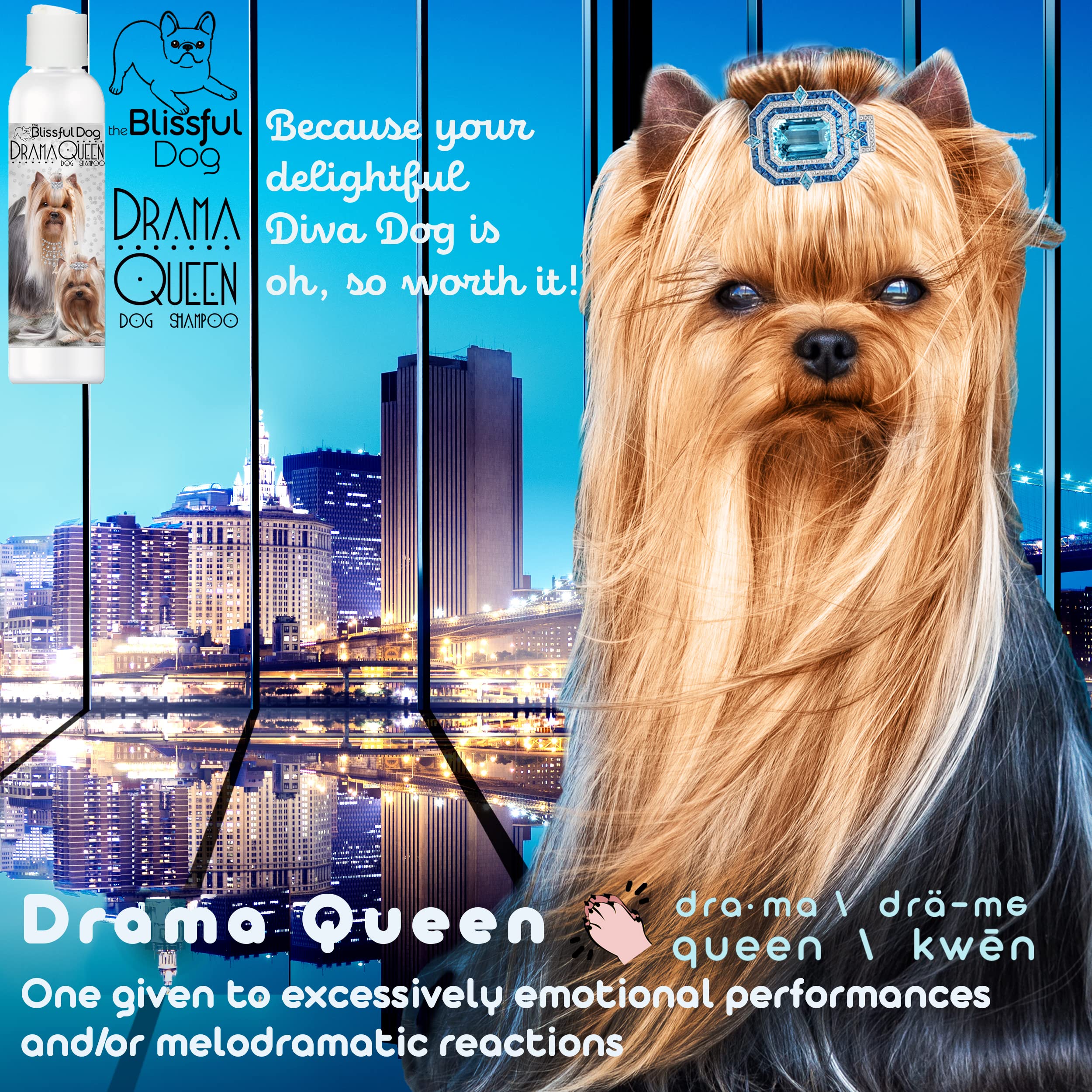 The Blissful Dog Drama Queen Luxury Dog Shampoo, 16 oz - Pink, Nourishing Formula for Soft, Silky Coat, Ideal for Yorkshire Terriers