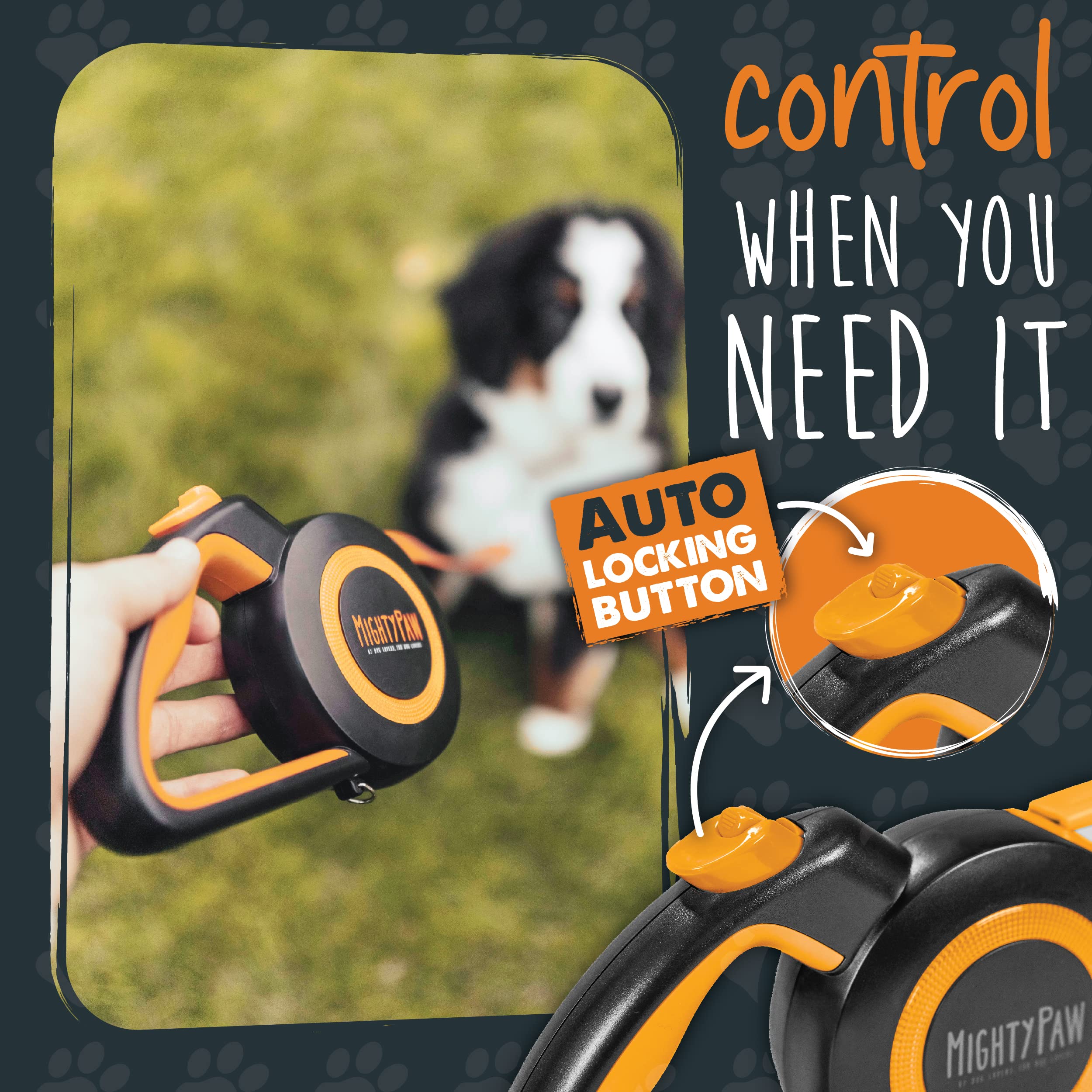 Mighty Paw Retractable Dog Leash 2.0 - 16' Heavy Duty Nylon for Pets Up to 50 lbs, Tangle-Free, Quick-Lock Braking, Anti-Slip Handle