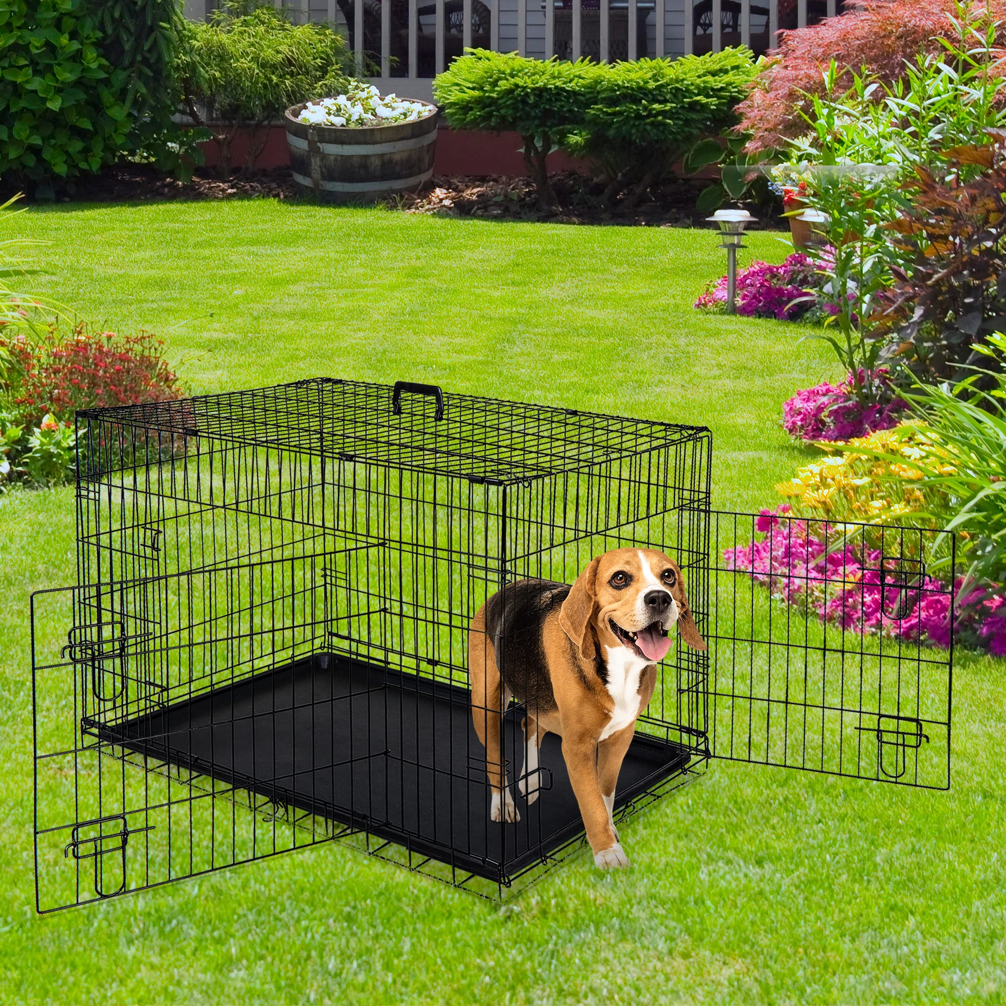 Zeny 30/36/42 Inch Dog Crate Double Door Folding Metal Dog Or Pet Crate Kennel With Tray And Handle