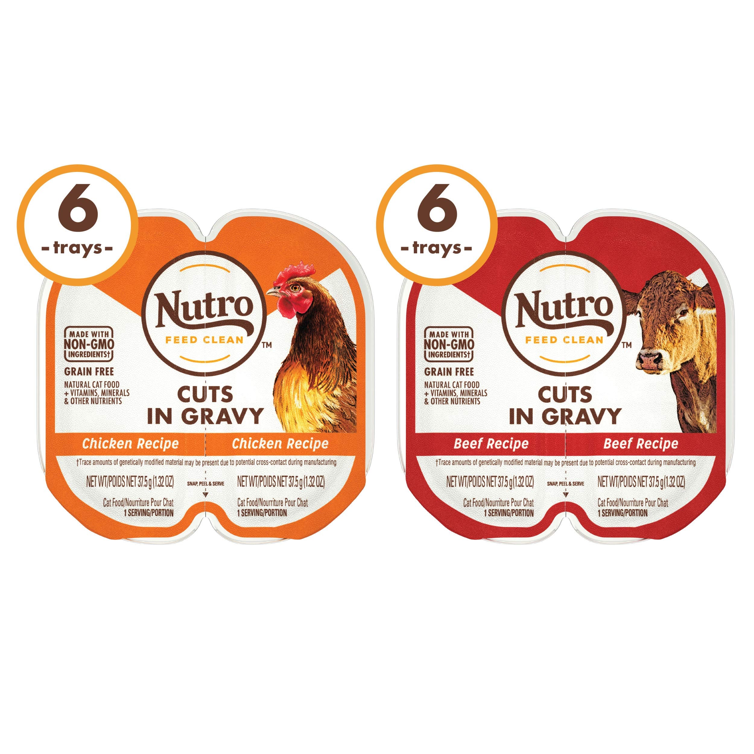 Nutro Perfect Portions Wet Cat Food Cuts in Gravy Multipack: Beef Recipe and Chicken Recipe, 2.64 oz Twin-Pack Trays (12 Count,