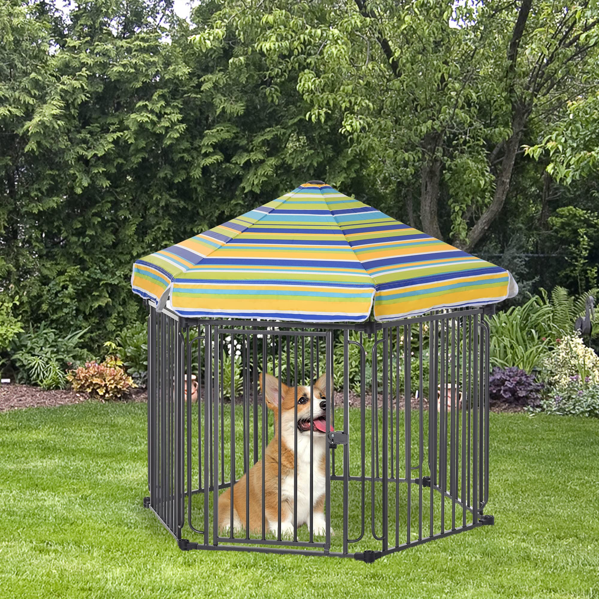 Pawhut 48' X 41' Heavy-Duty Metal Dog Playpen, Outdoor Pet Cage Kennel, Puppy Exercise Fence Barrier With Weather-Resistant Polyester Roof, Locking Door, & Metal Frame