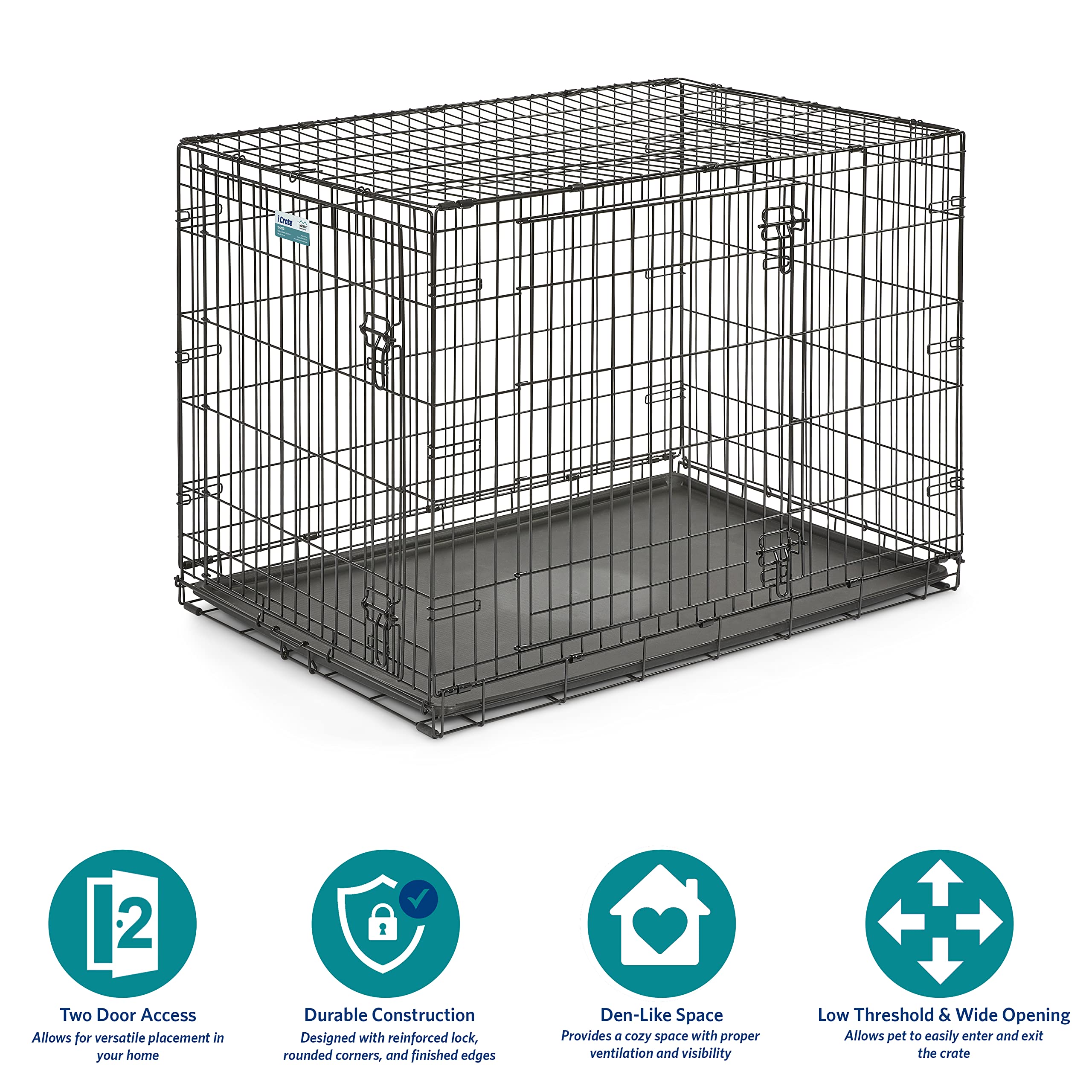 Midwest Homes For Pets Newly Enhanced Double Door Icrate Dog Crate, Includes Leak-Proof Pan, Floor Protecting Feet, Divider Panel & New Patented Features