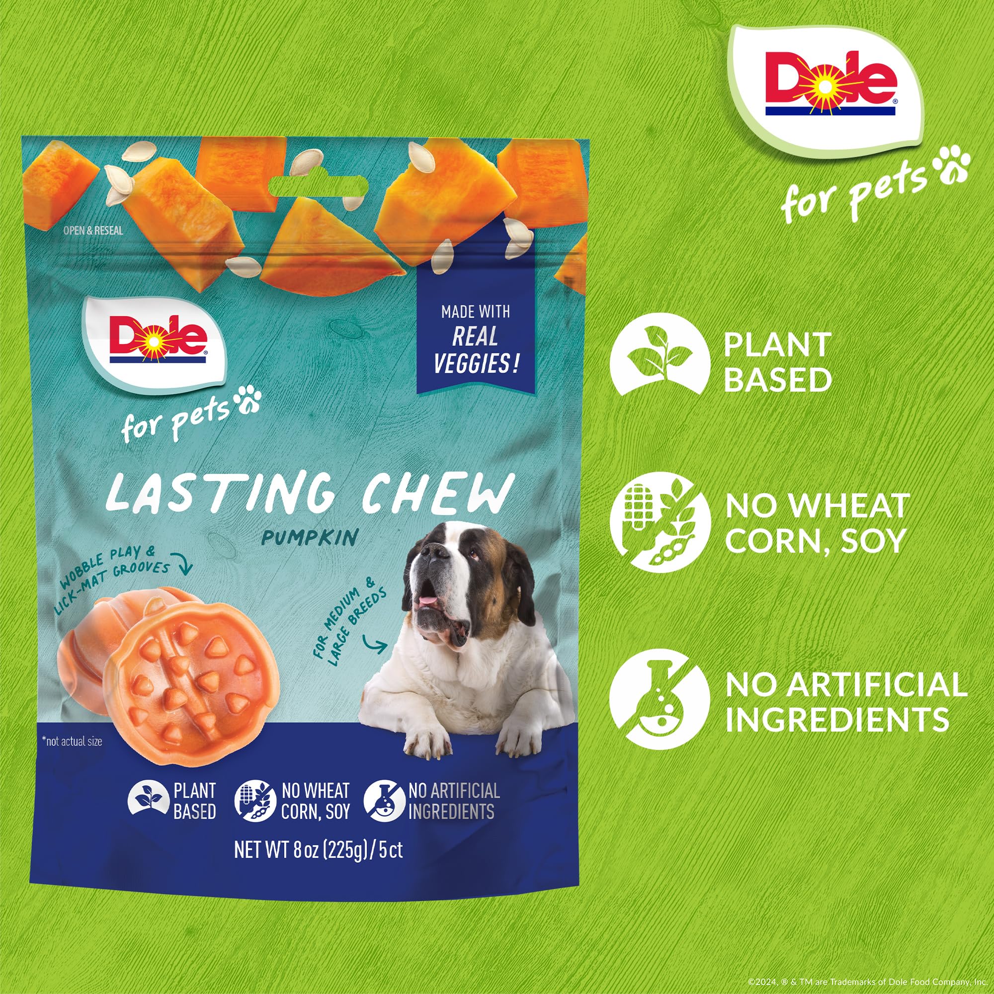 Dole for Pets Freshly Fetched Lasting Chew, Pumpkin Flavor Dog Treats, 8oz, 5ct | Flavored with Real Veggies, No Wheat, Corn, So