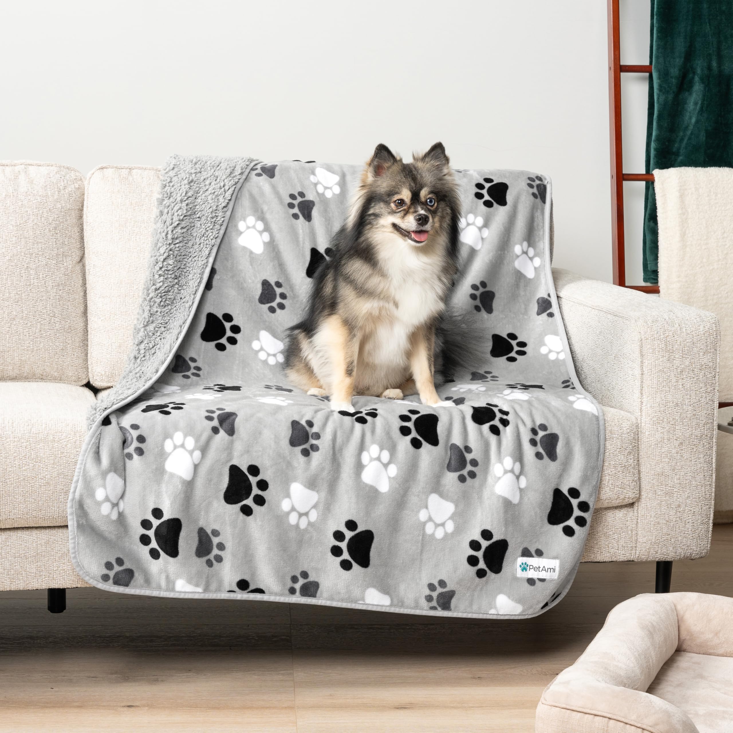 Petami Waterproof Dog Blanket For Extra Large Dogs, Pee Proof Pet Blanket For Bed Couch, Reversible Water Proof Blanket For Puppy Indoor Cat, Soft Dog Crate Cover Washable, Queen 90X90 Paw Gray