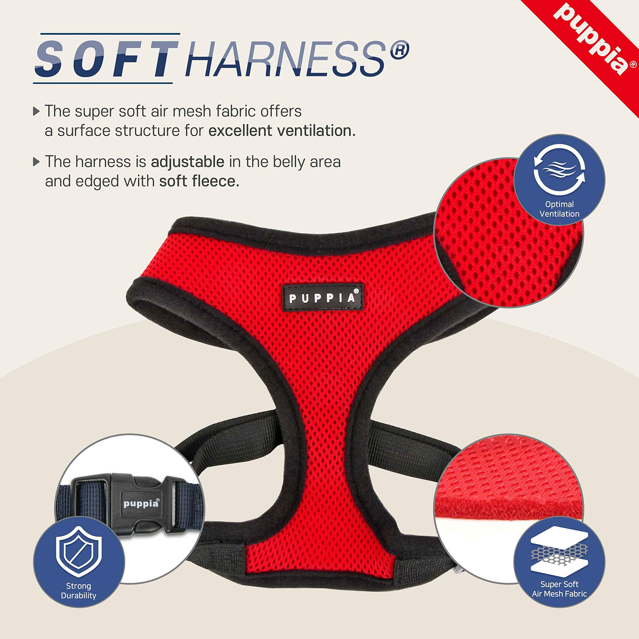 Puppia Soft Dog Harness No Choke Over-The-Head Triple Layered Breathable Mesh Adjustable Chest Belt And Quick-Release Buckle, Re