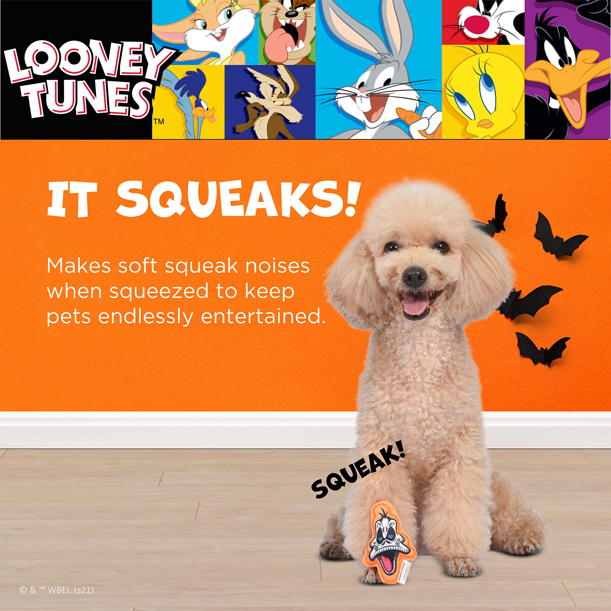 Looney Tunes For Pets Halloween Daffy Duck Silhouette Flattie Style Pet Squeaker Toy With Day Of The Dead Designs| Squeaky Dog Toy Small Dog Toy For Small Dogs | Halloween Dog Chew Toys, 4' (Ff16970)