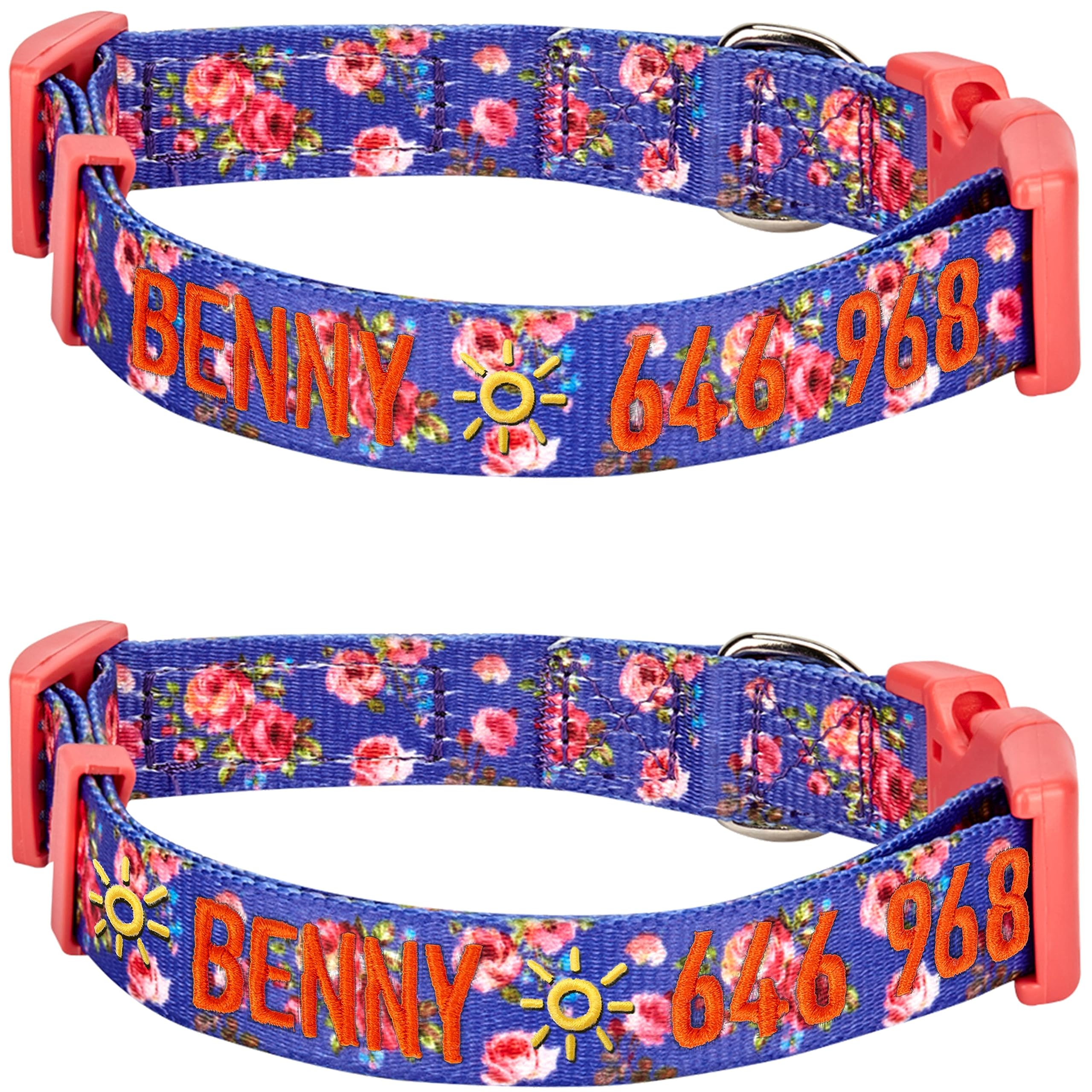 Blueberry Pet 8 Patterns Personalized Customized Adjustable Id Dog Collar, Spring Scent Rose Floral, Irish Blue, Small, Embroide