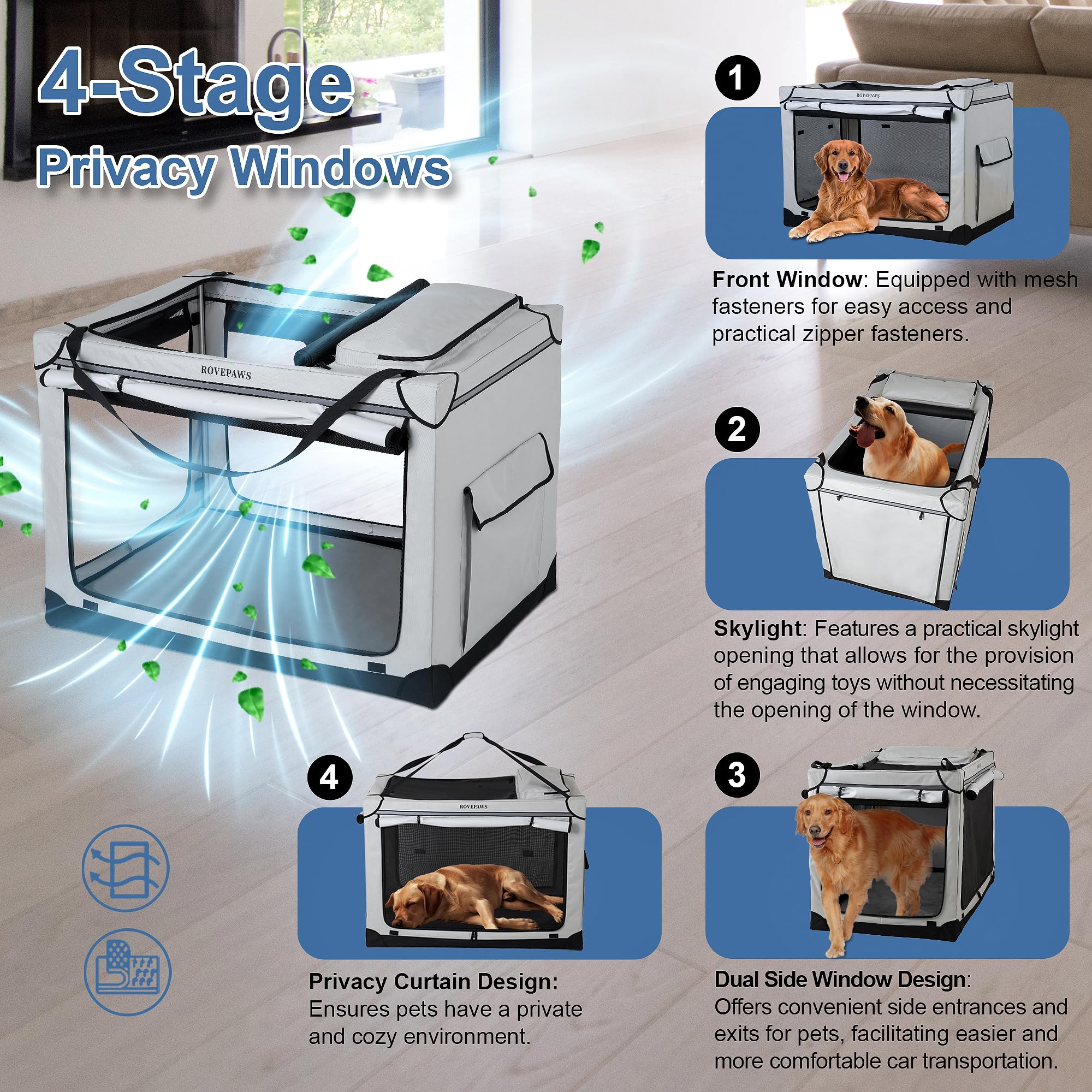 Rovepaws Soft Collapsible Dog Crate - 36 Inch Portable Travel Crate With Extra Space Indoor & Outdoor, 4-Door Foldable Pet Kenne