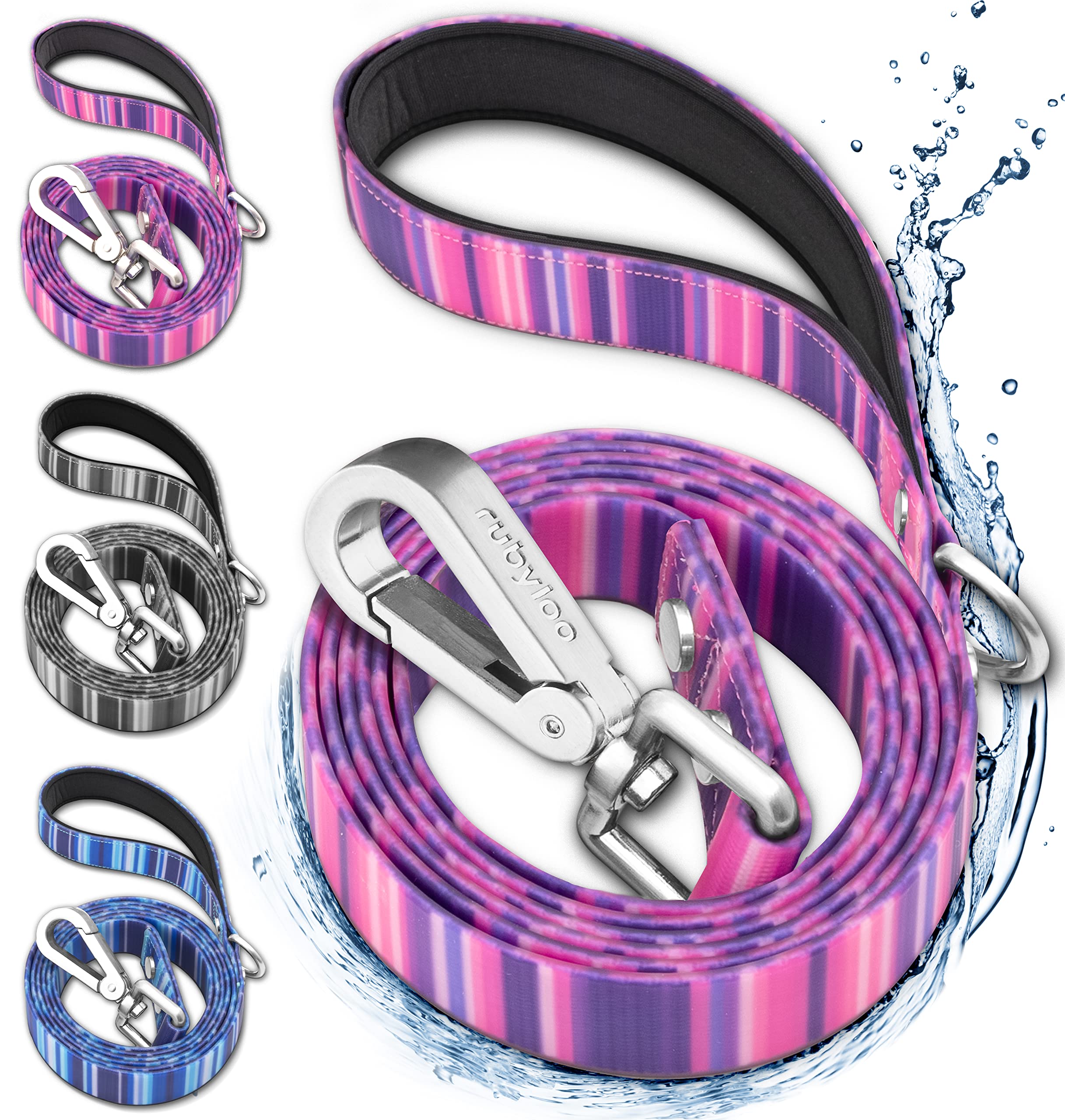 Rubyloo Waterproof Dog Leash - 1" Wide, 6' Long, Washable, Blue Ocean, Soft Padded Handle, Rust-Resistant Zinc Alloy Clip, Model 1007