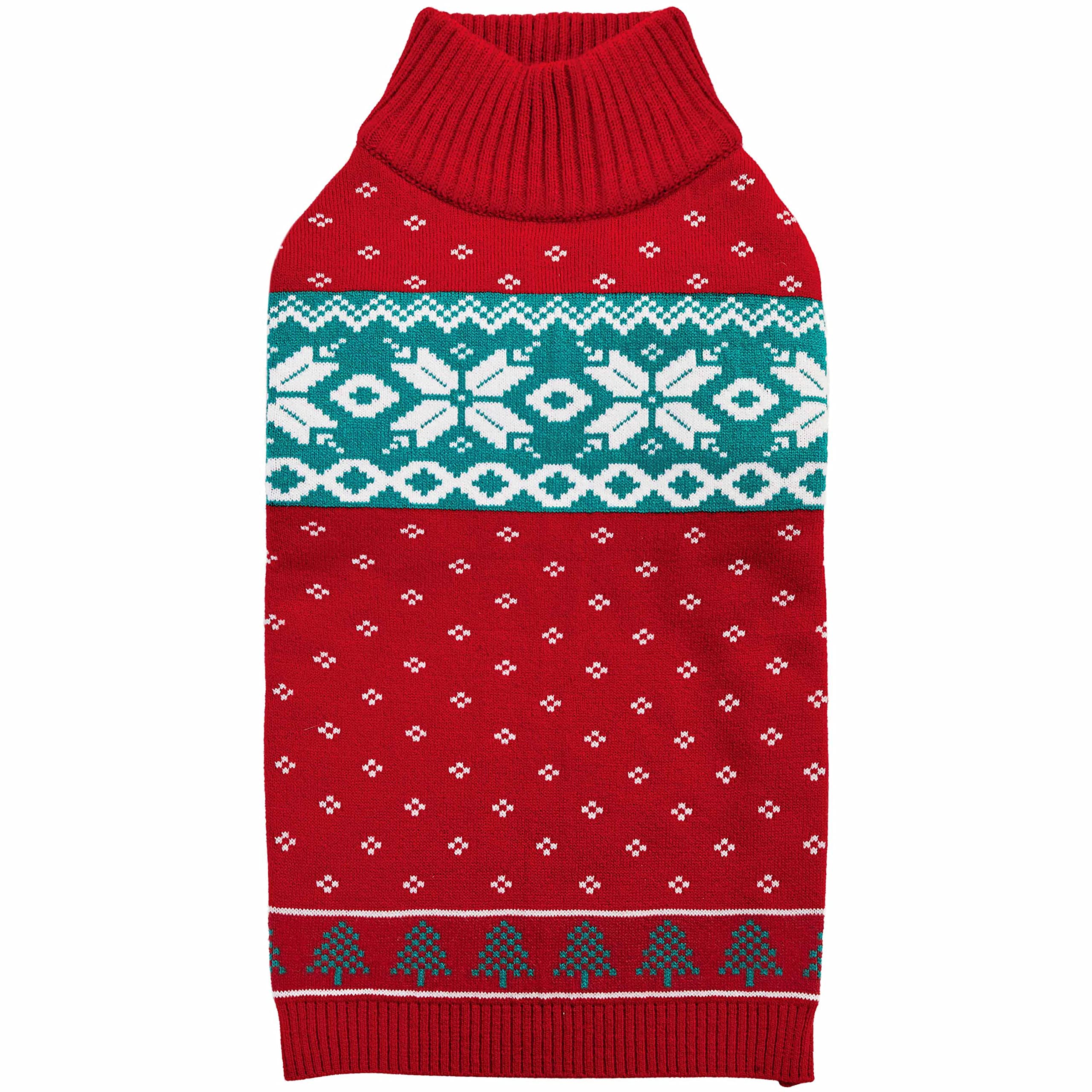 Blueberry Pet Christmas Tree And Snowflake Dog Sweater In Festive Red, Back Length 18', Pack Of 1 Clothes For Dogs