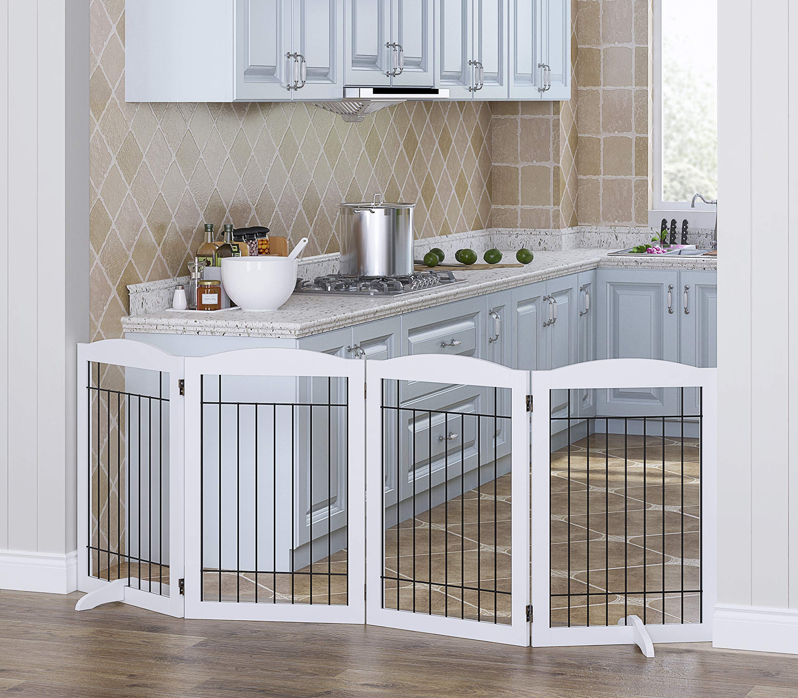 Spirich Free Standing Foldable Wire Pet Gate, 80" Wide x 30" Tall, 4 Panels, Metal, White, Ideal for Doorways & Stairs