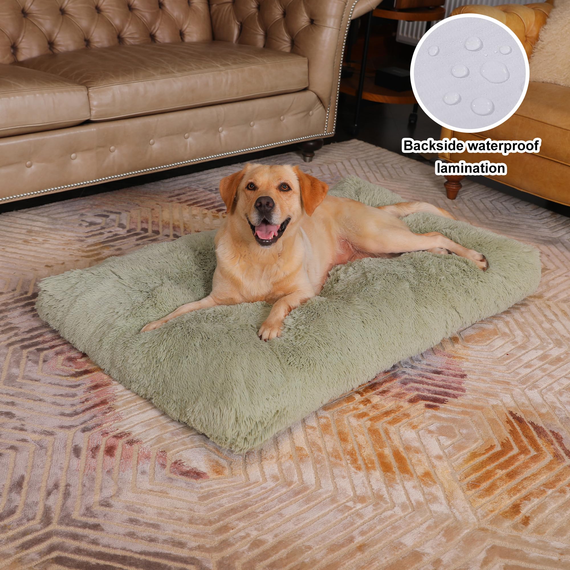 Bedfolks Waterproof Crate Bed, Plush Dog Kennel Pad With Removable Cover, Faux Fur, Washable, 41''X27'', Sage Green