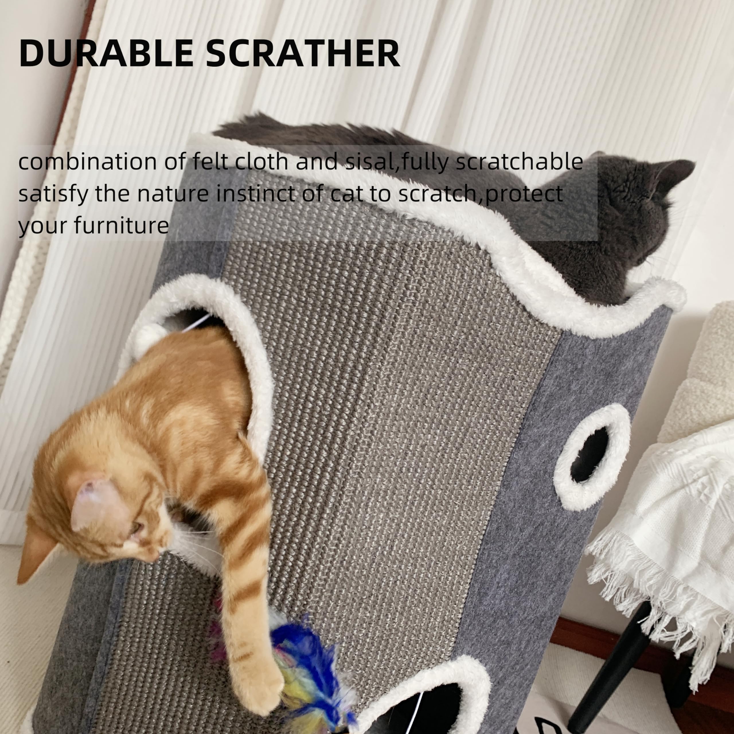Heerduos 4-Level Cat House - Gray Covered Cat Bed with Scratch Pad & Cushions, Modern Condo for Small and Large Cats (17"x13"x33")