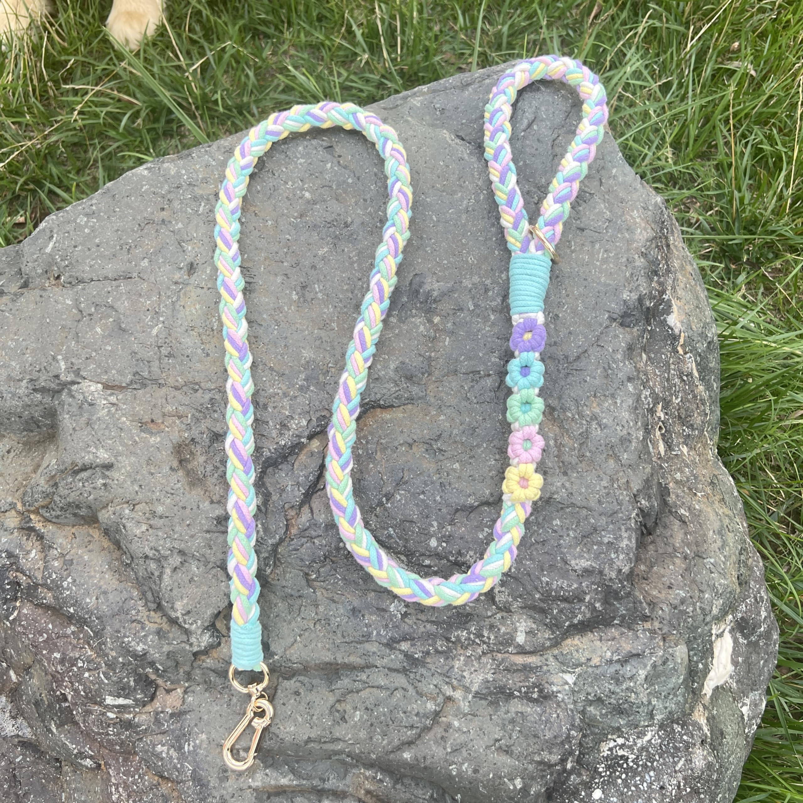 Handmade 5Ft Braided Cotton Dog Leash With Unique Floral Handle, Durable And Stylish, Ideal For Small To Large Dogs, Rainbow Col