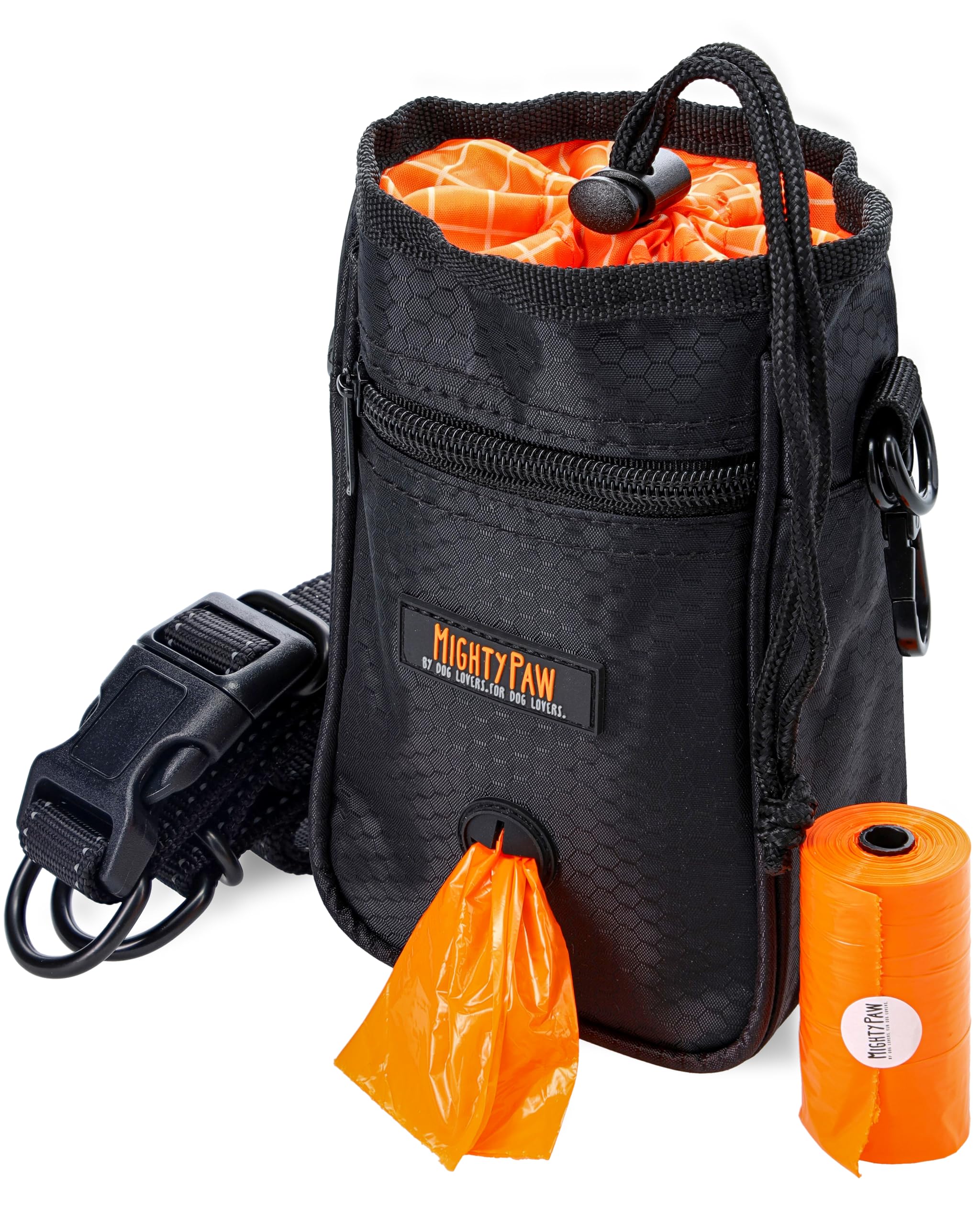 Mighty Paw Dog Treat Bag - Drawstring Closure Pouch - Includes Carabiner Hook and Pick-up Bags - With Reflective Belt - Dog Trai