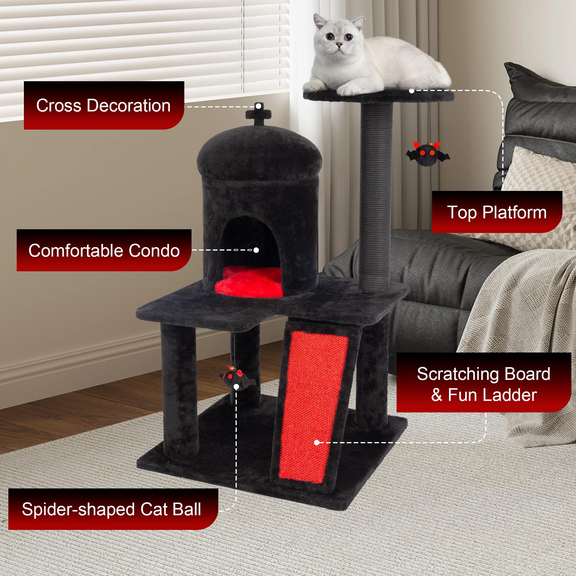 Kamaboko Gothic Cat Tree, 36.4    Black Cat Tower For Indoor Cats With Sisal Scratching Posts, Spacious Cat Condo, Self Groomer,