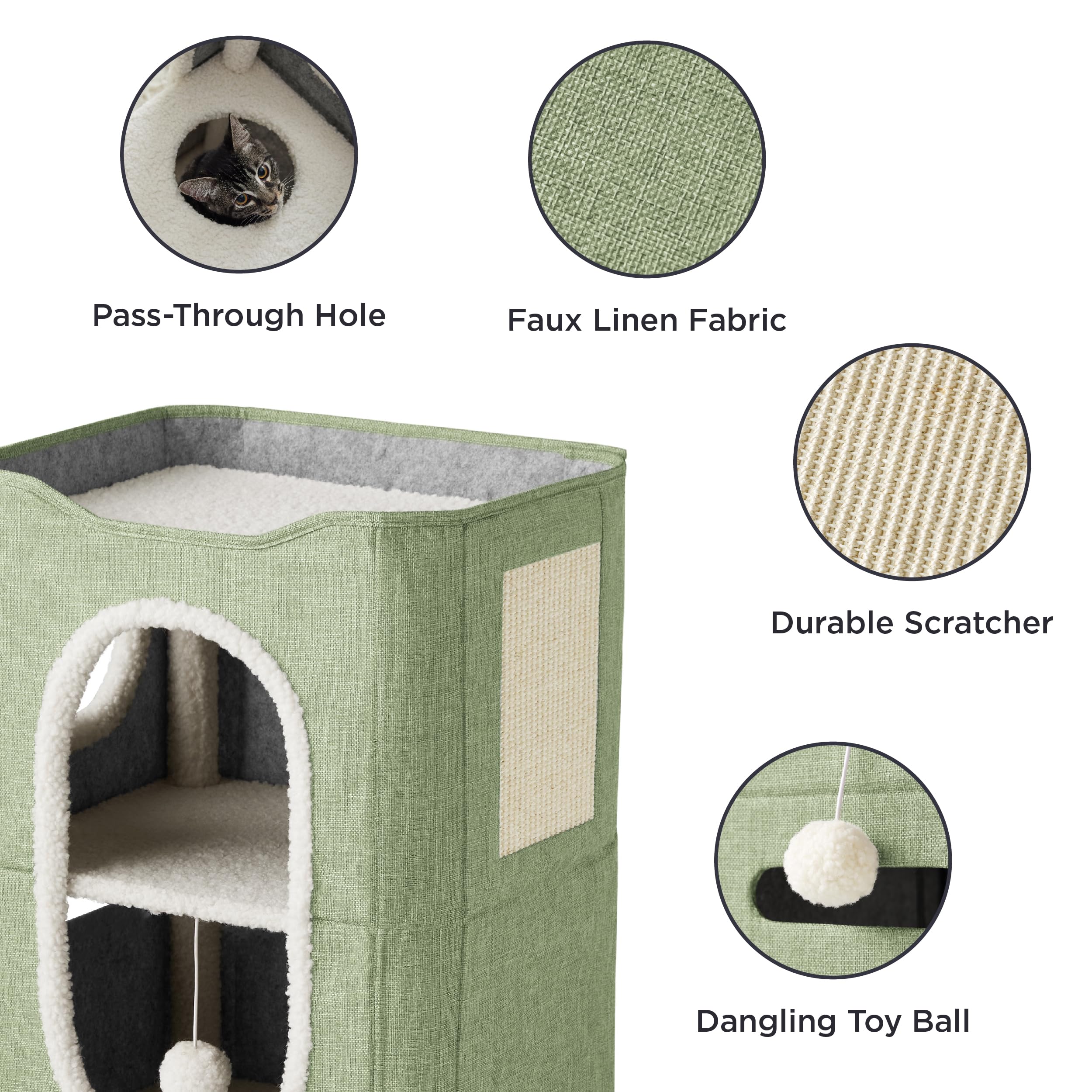 Bedsure 2-Level Cat House For Indoor Cats - Small Cat Towers With Scratch Pad And Hideaway Condo, Cat Cave Bed Furniture For Multi Pets And Large Cats, 18X14X23 Inches, Green