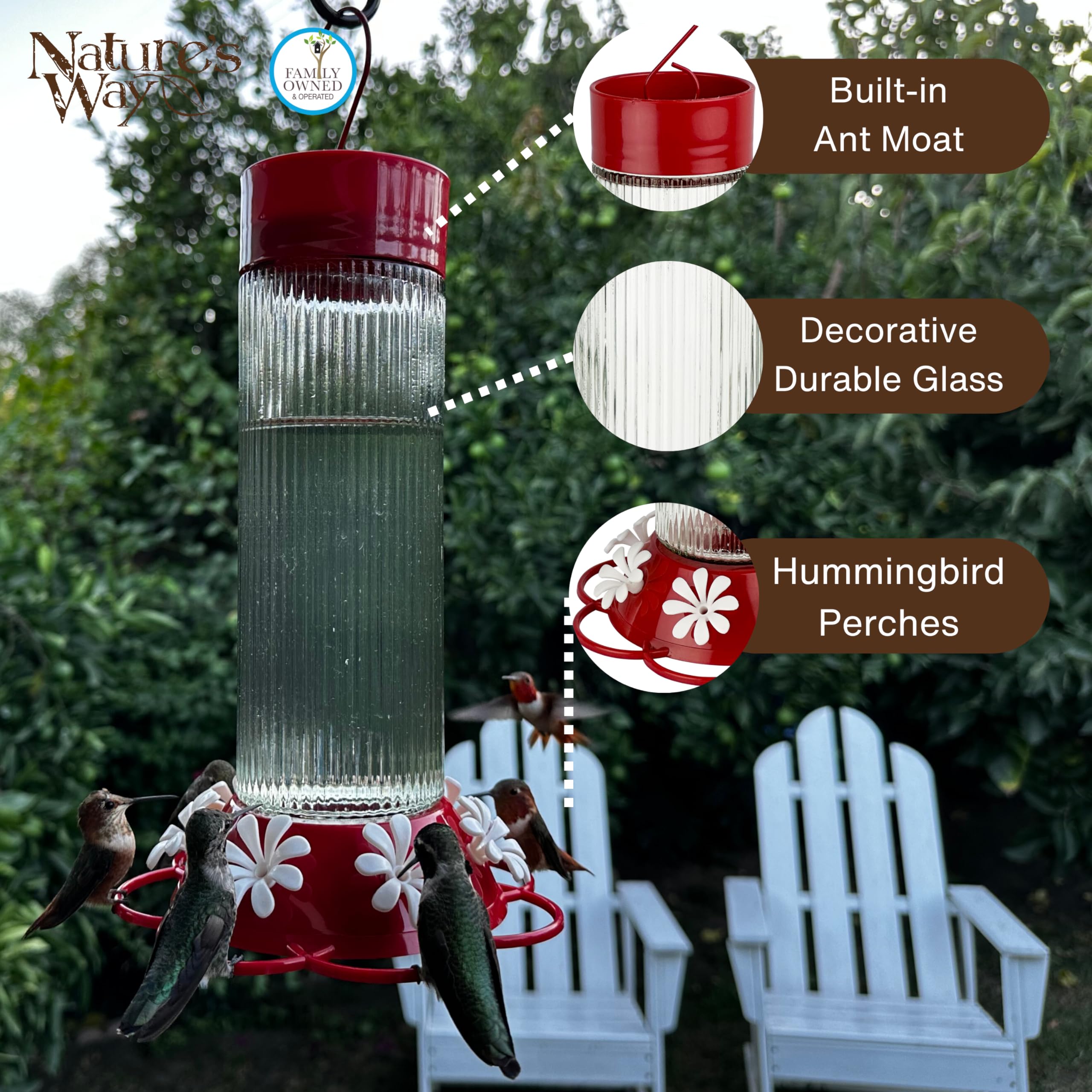 Natures Way Hanging Glass Hummingbird Feeder for Outdoor D  cor, 28 Ounce Capacity Nectar Feeder, Ant Moat, 7 Easy to Clean Fle