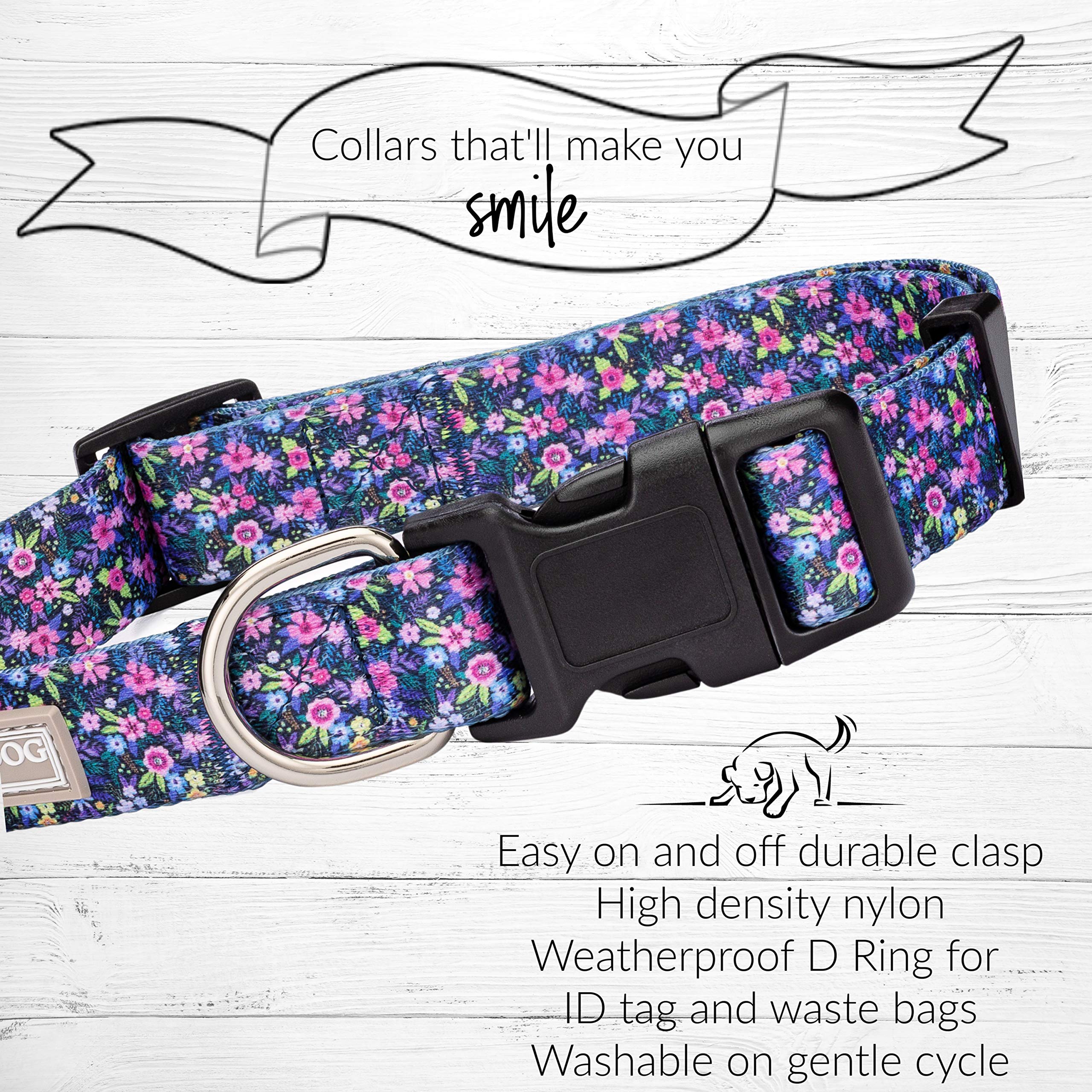 Lucky Love Dog, Matching Dog Collar & Leash Set For Female Dogs, Soft, Adjustable, Safe For Training And Walking, Black & Purple Floral Print, Primrose Combo, Xs