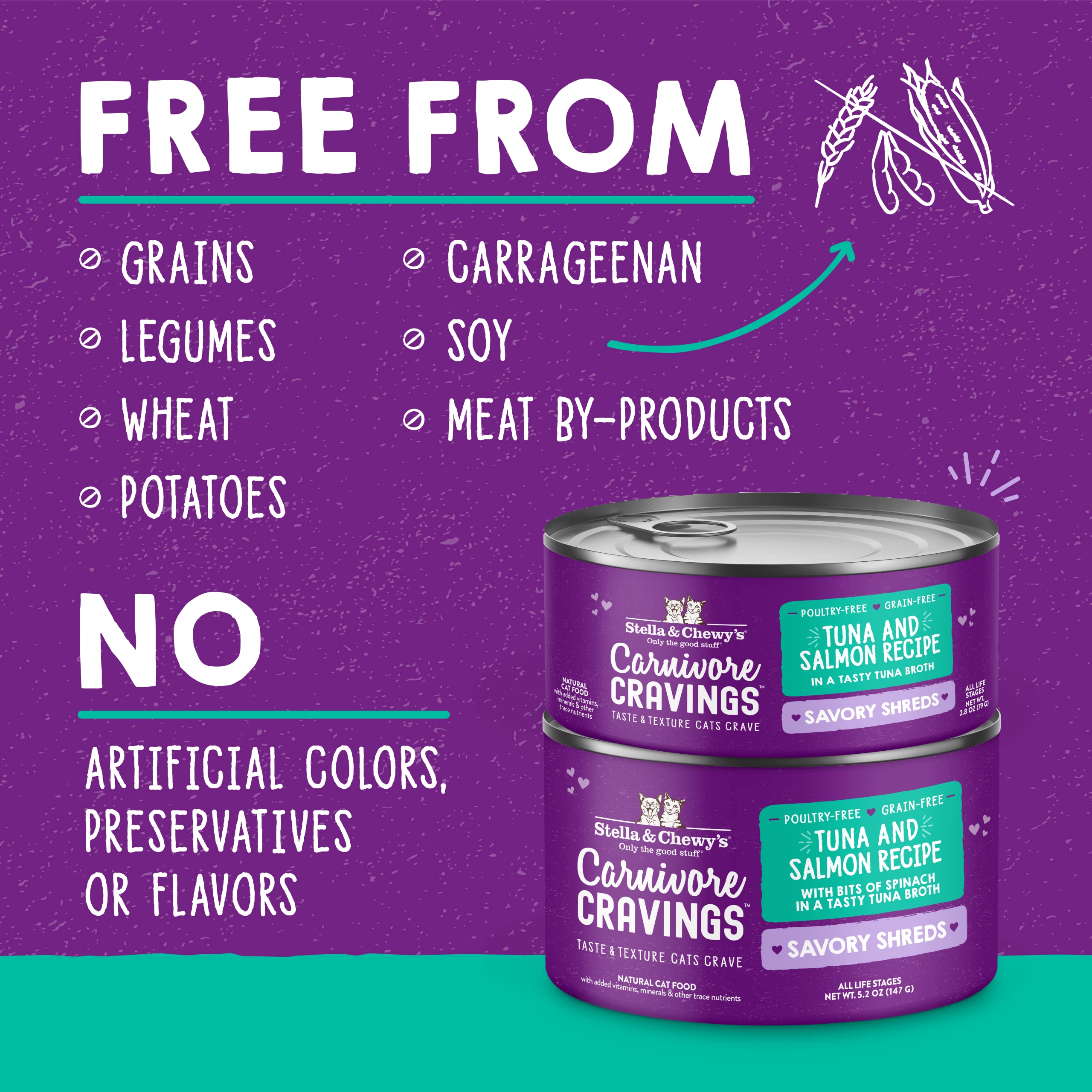 Stella & Chewys Carnivore Cravings Savory Shreds Cans - Grain Free, Protein Rich Wet Cat Food - Wild-Caught Tuna & Salmon Recipe