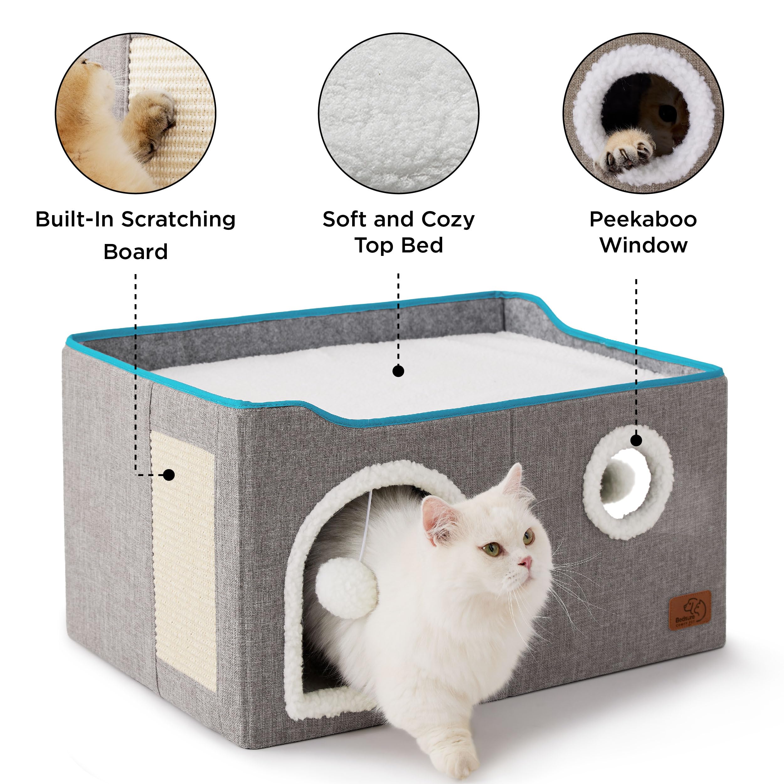 Bedsure Extra-Wide Cat House For Indoor Cats - Large Cat Cave For Pet Cat House With Fluffy Ball Hanging And Scratch Pad, Foldable Cat Hideaway For Multi Cats, 23.6X16.9X13 Inches, Grey