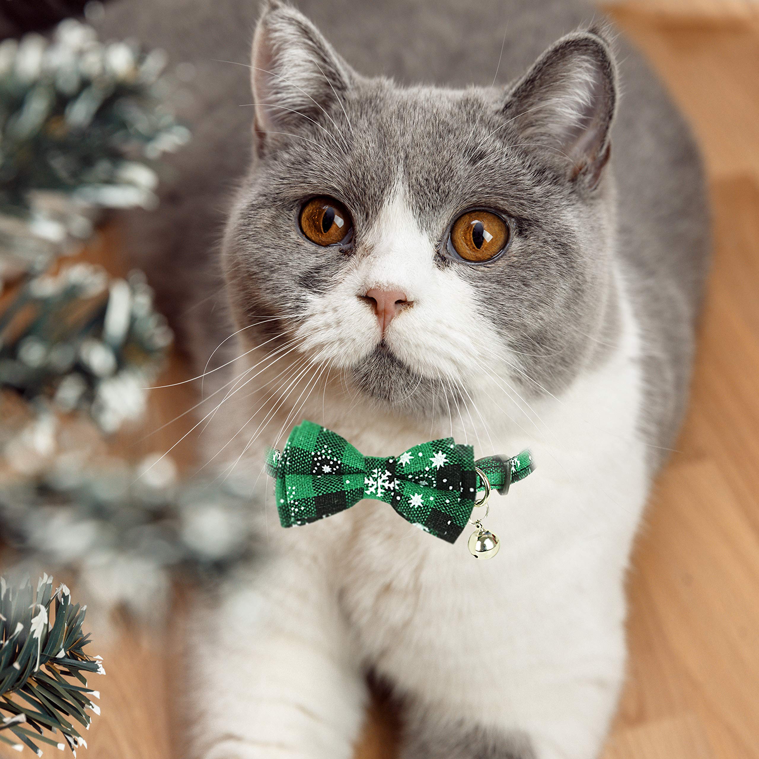 Pohshido 2 Pack Christmas Cat Collar With Movable Bowtie, Holiday Cat Bowtie Plaid Patterns, Breakaway Buckle Safety Kitty Kitten Collar With Bell, Adjustable Pet Collar For Cats And Puppies